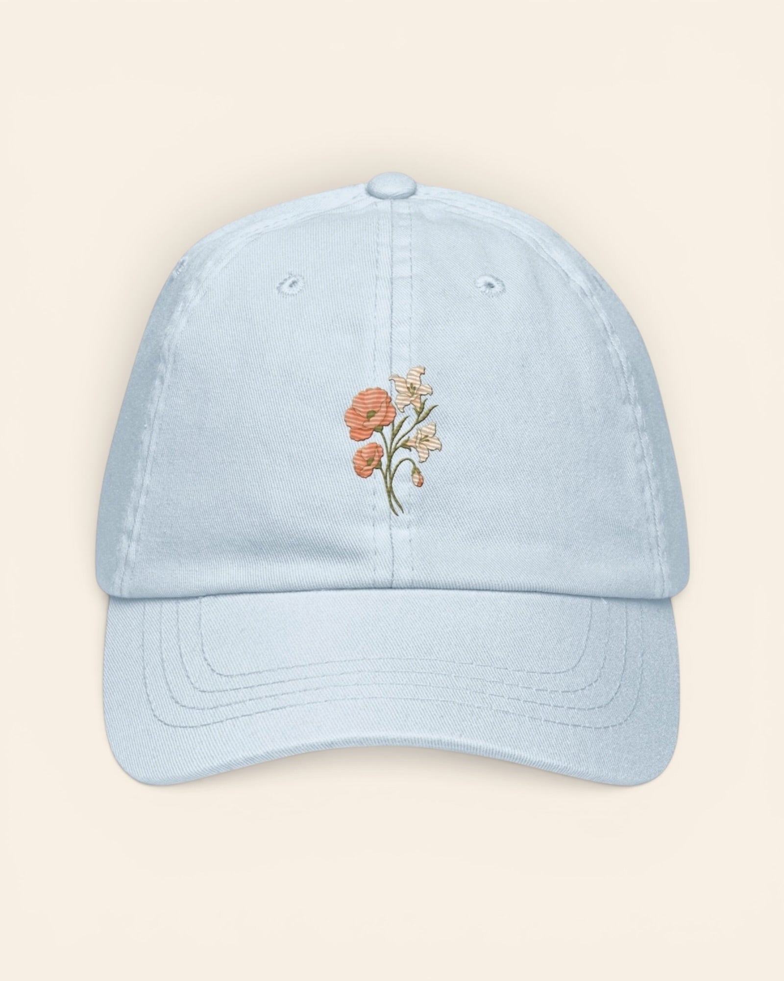 August birth flower hat with embroidered poppy and gladiolus, in Pastel Blue