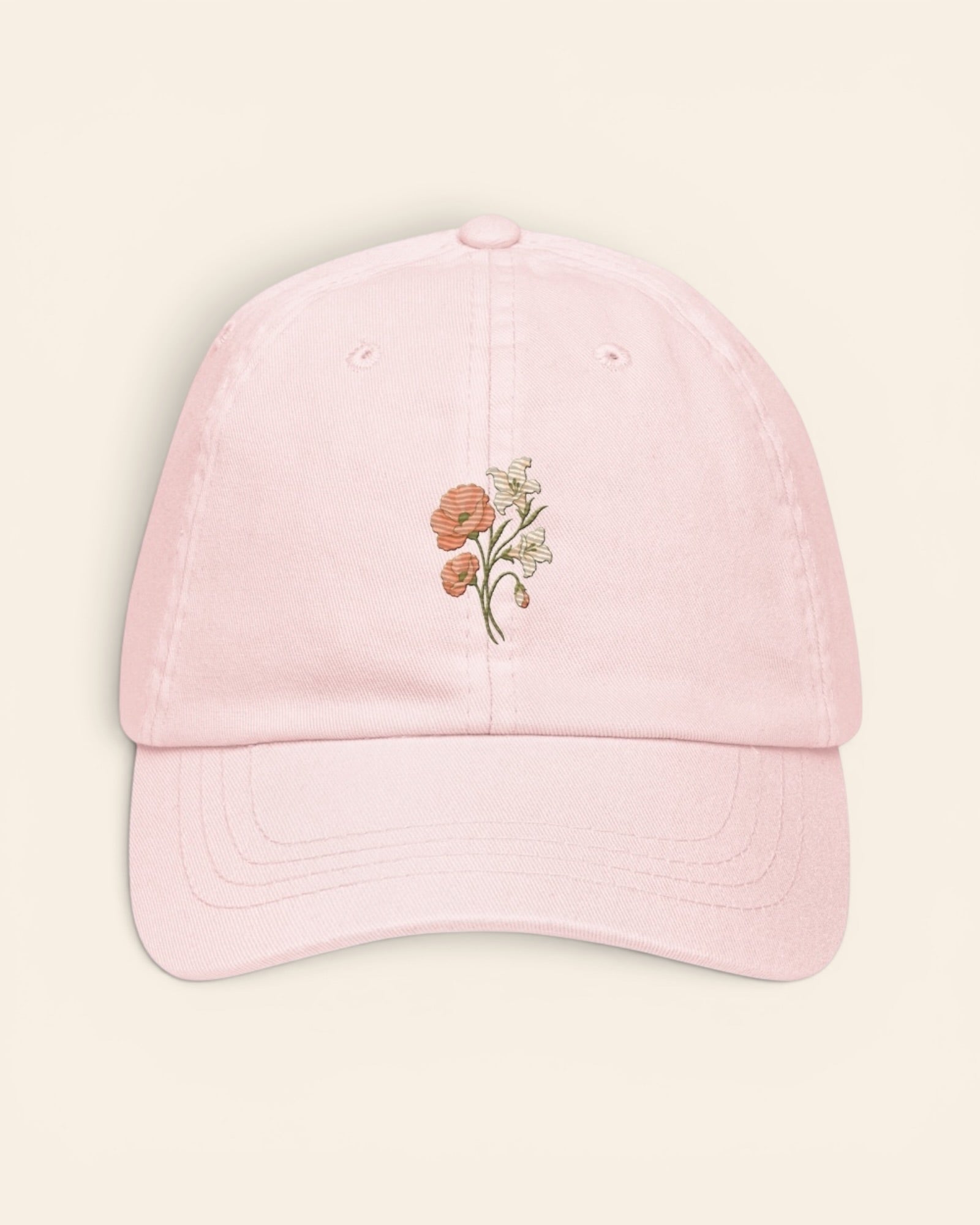 August birth flower hat with embroidered poppy and gladiolus, in Pastel Pink