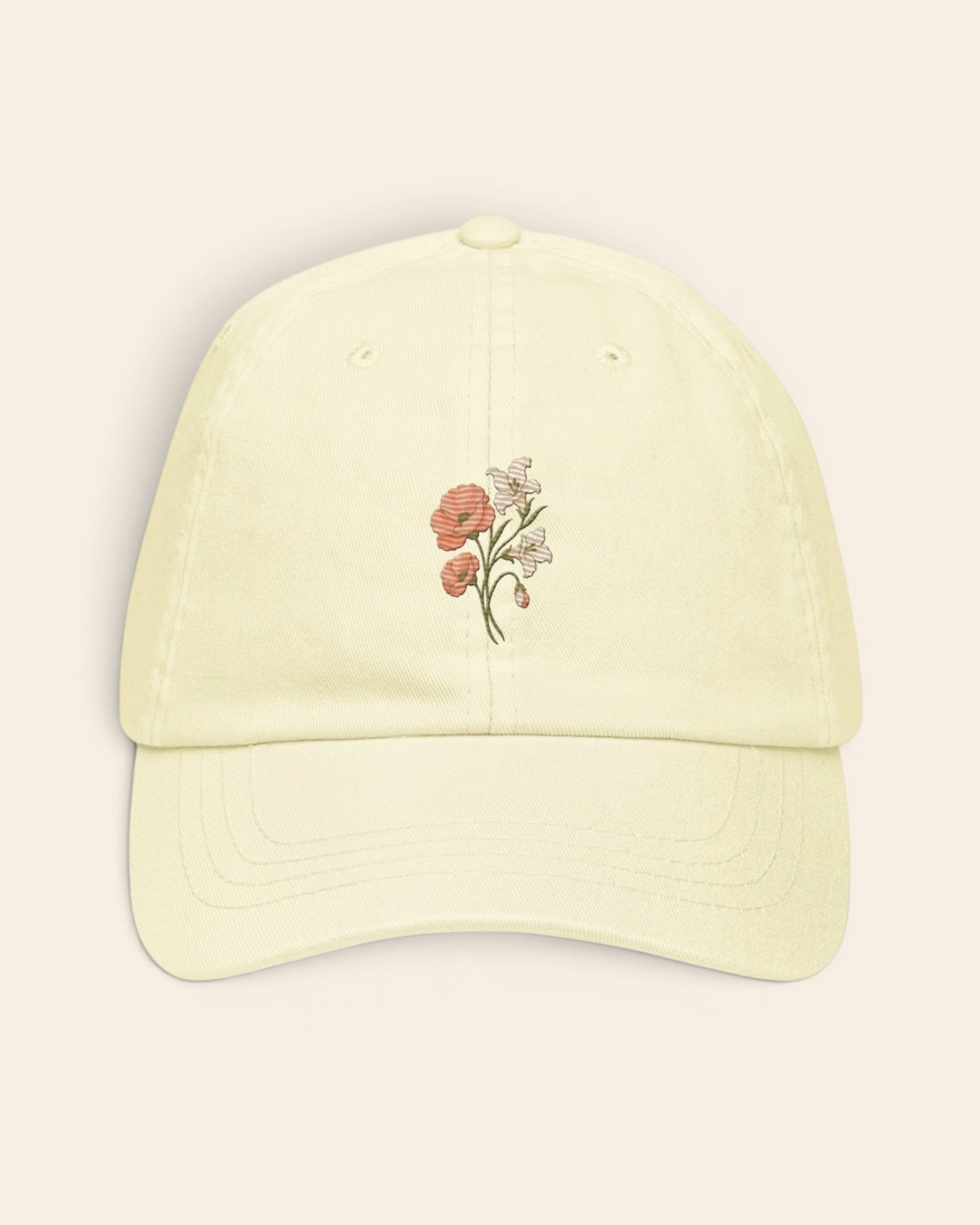 August birth flower hat with embroidered poppy and gladiolus, in Pastel Lemon