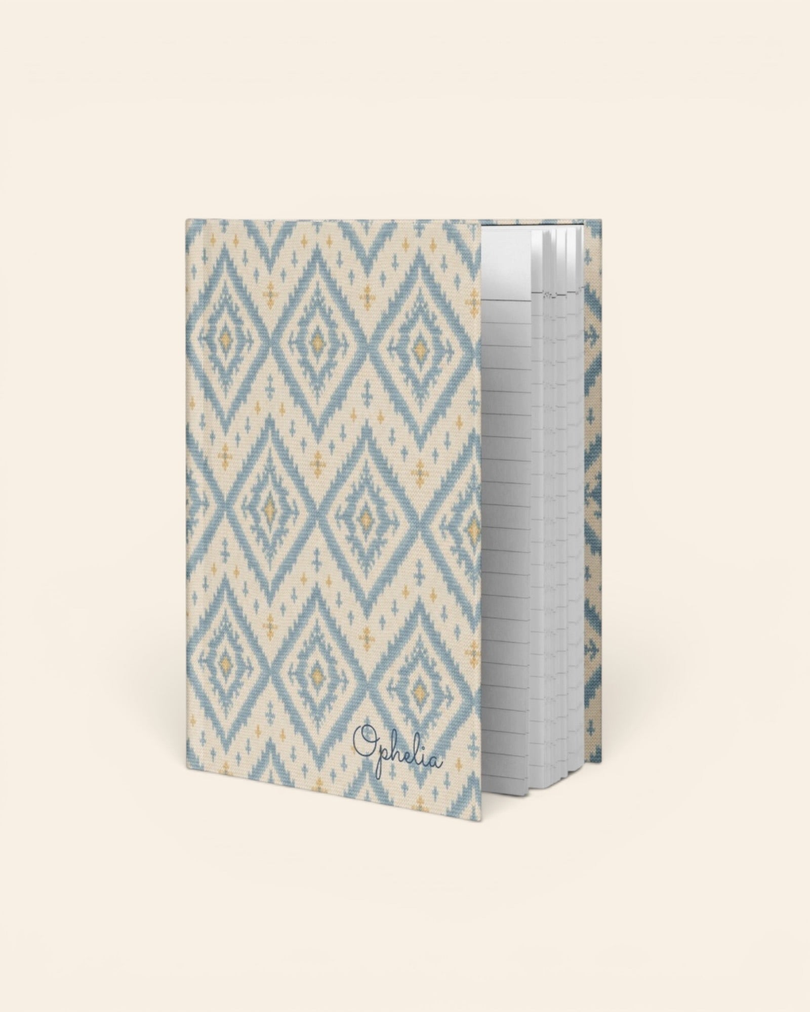 A Place Between The Peaks Journal, with dusty blue ikat-inspired diamonds and soft golden accents print