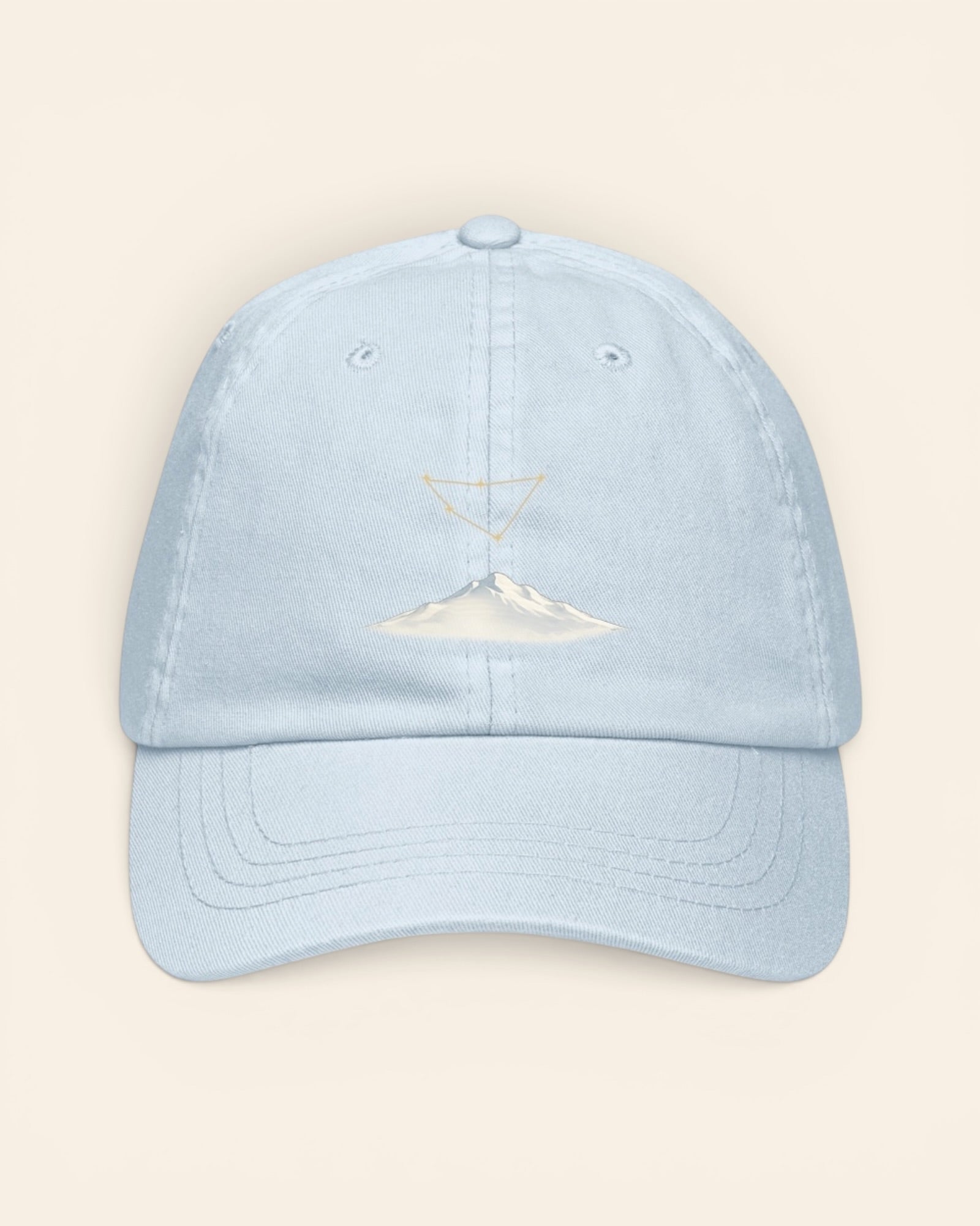 Capricorn constellation hat with embroidered stars above a mountain ridge, in Pastel Blue