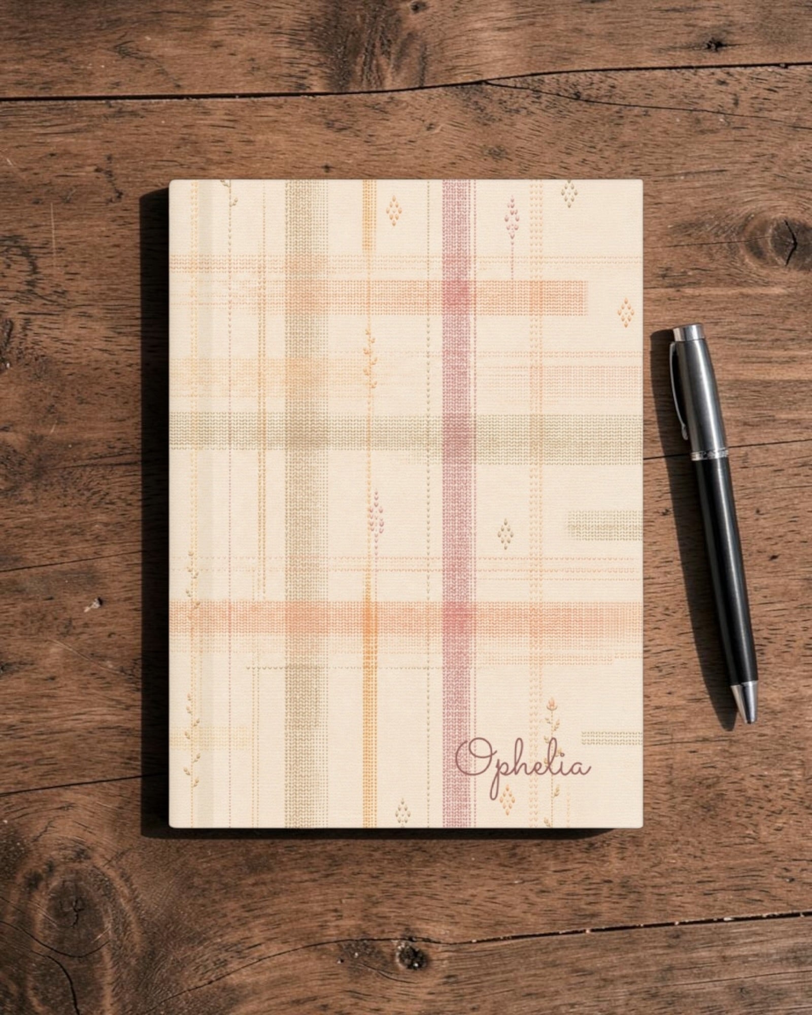 Written By The Wilderness Journal, with vintage-inspired woven plaid in apricot, sage, and peach print