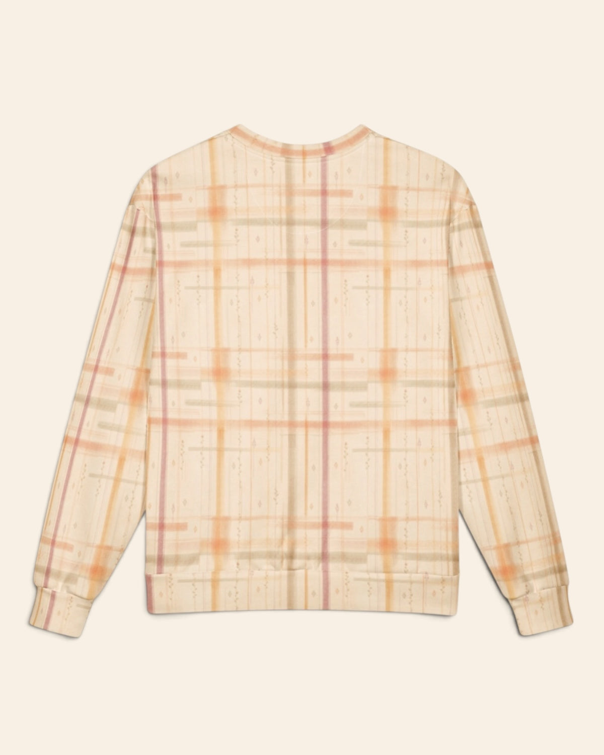 The same crewneck shown flat from the back on a plain cream background, with no text, so the all-over print runs unbroken across the body and sleeves. It is a cream plaid crossed by apricot, coral and rose lines.