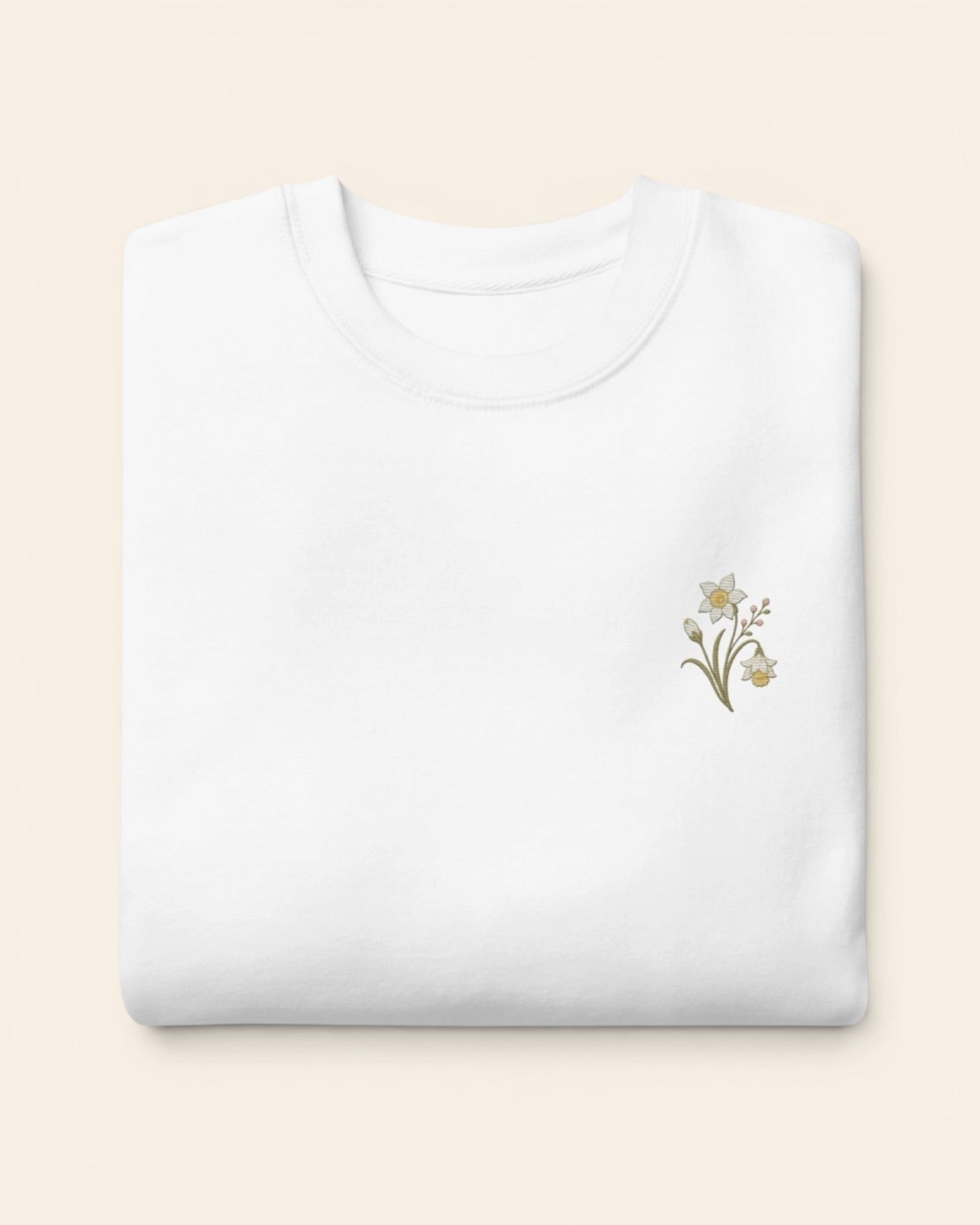 December birth flower crewneck sweatshirt with embroidered narcissus and holly, in White