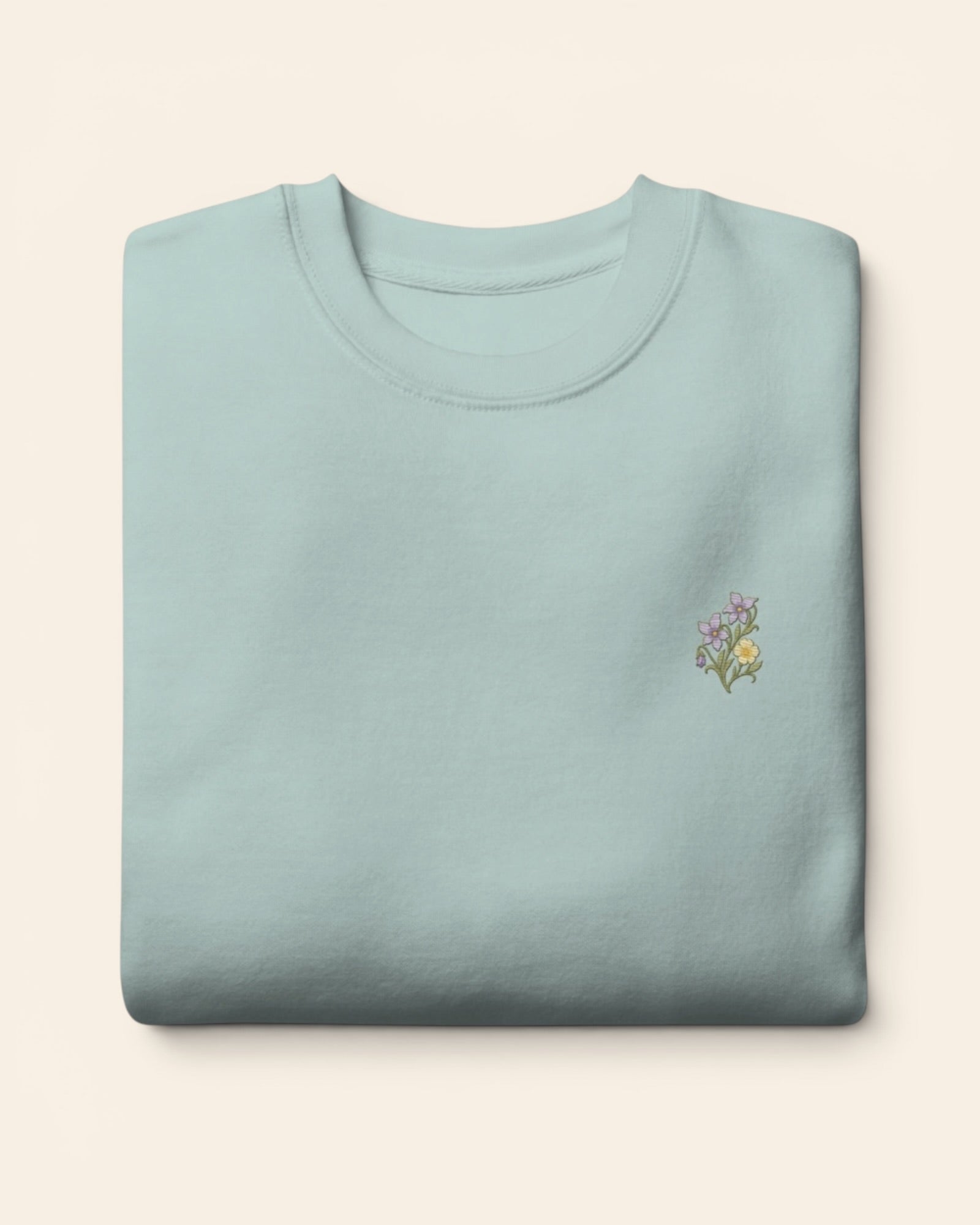 February birth flower crewneck sweatshirt with embroidered violet and primrose