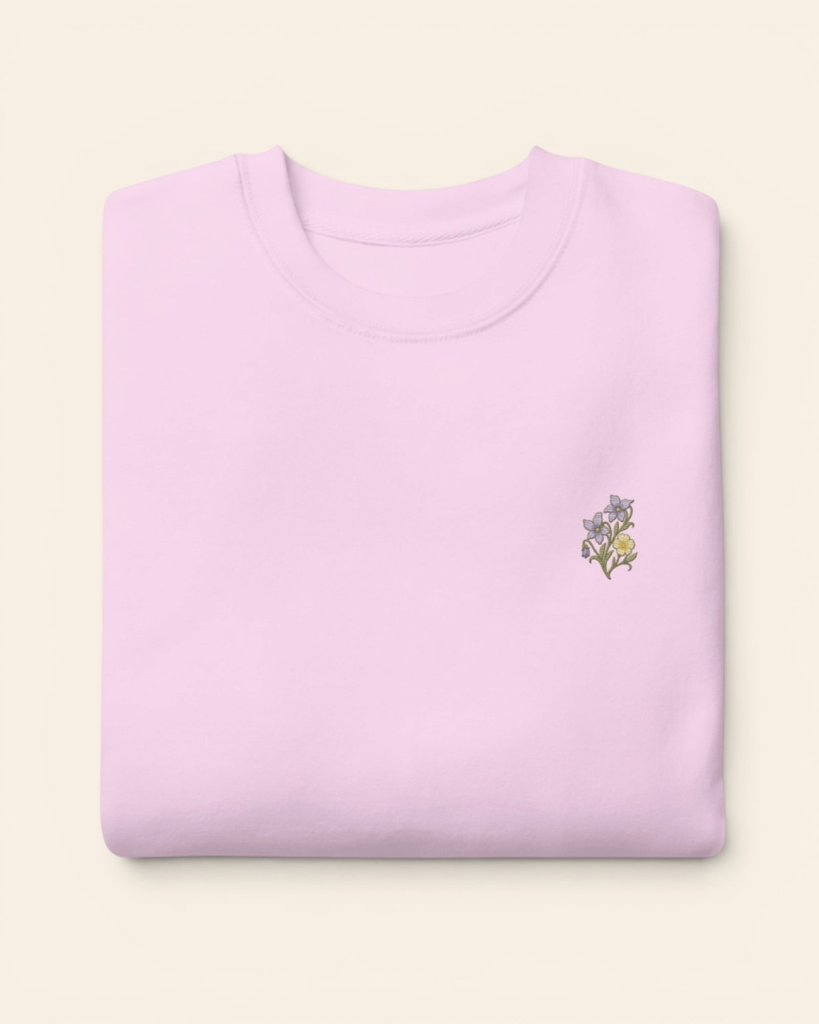 February birth flower crewneck sweatshirt with embroidered violet and primrose, in Lavender