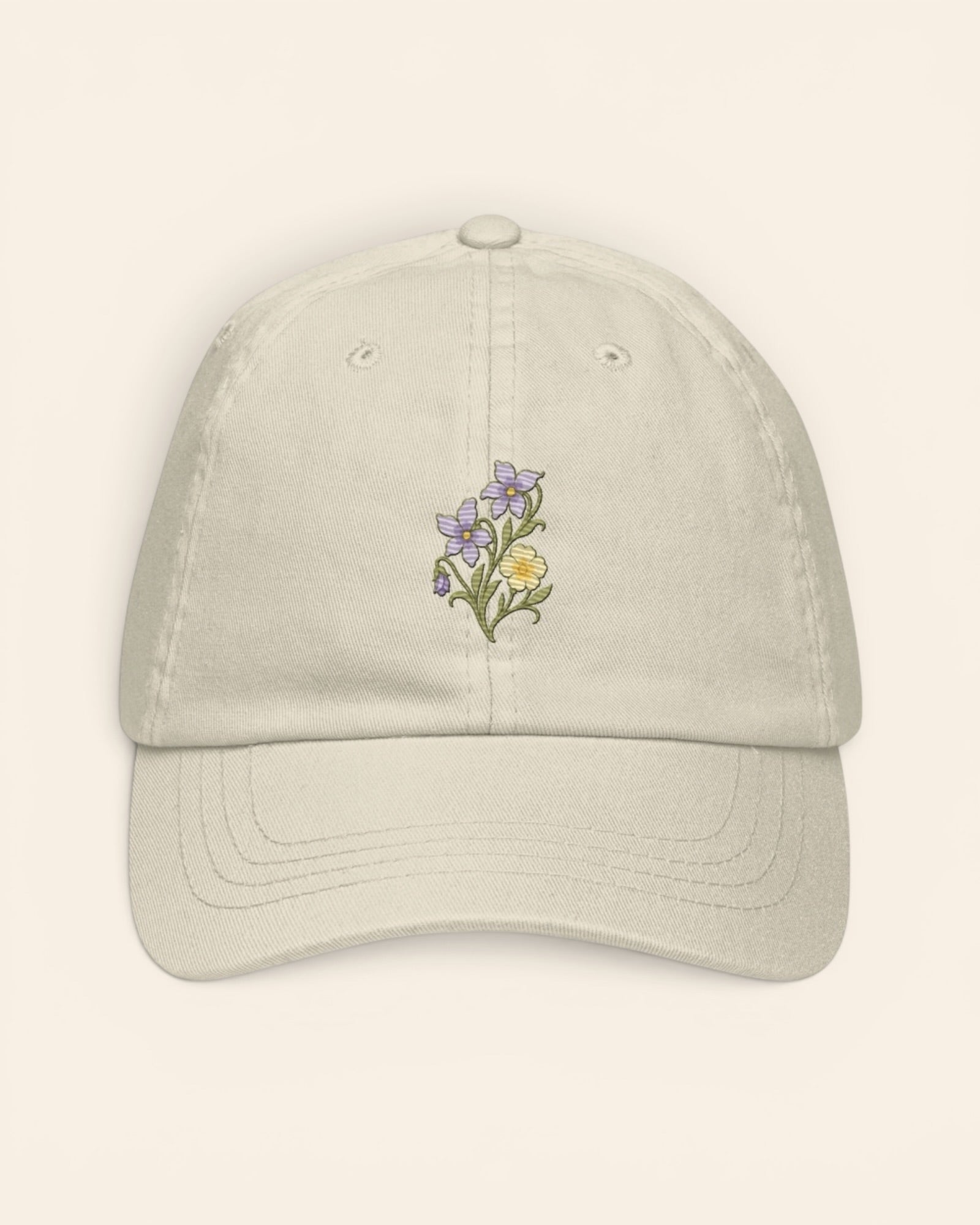 February birth flower hat with embroidered violet and primrose, in Beige