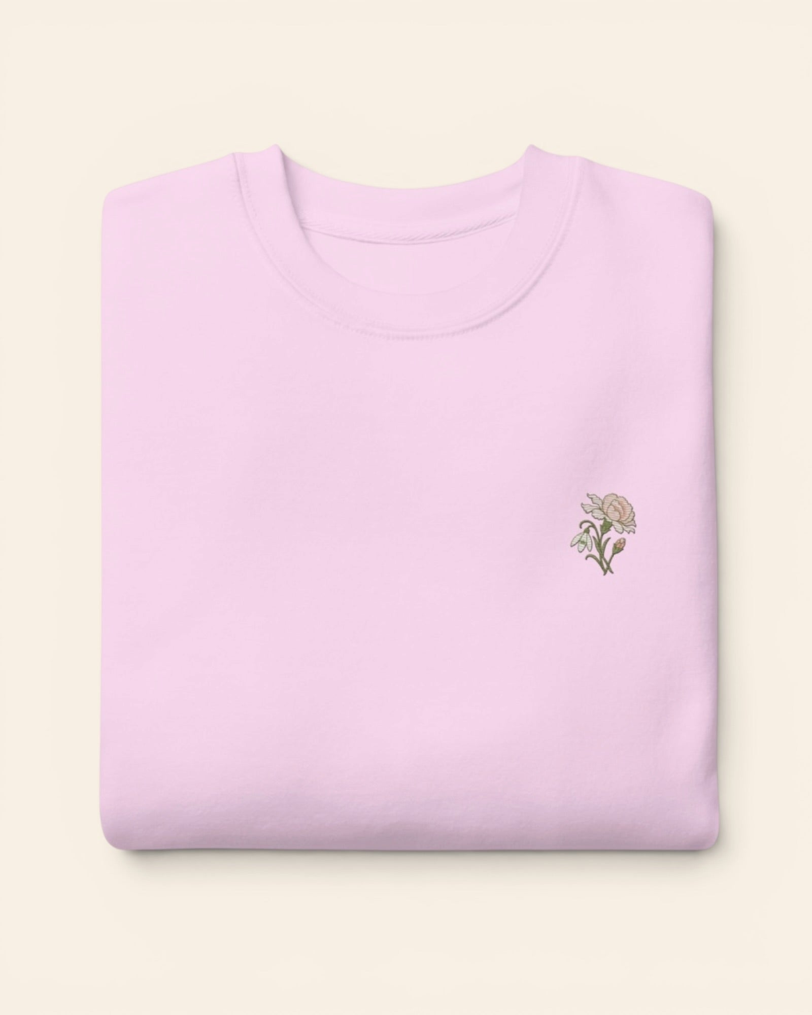 January birth flower crewneck sweatshirt with embroidered carnation and snowdrop, in Lavender
