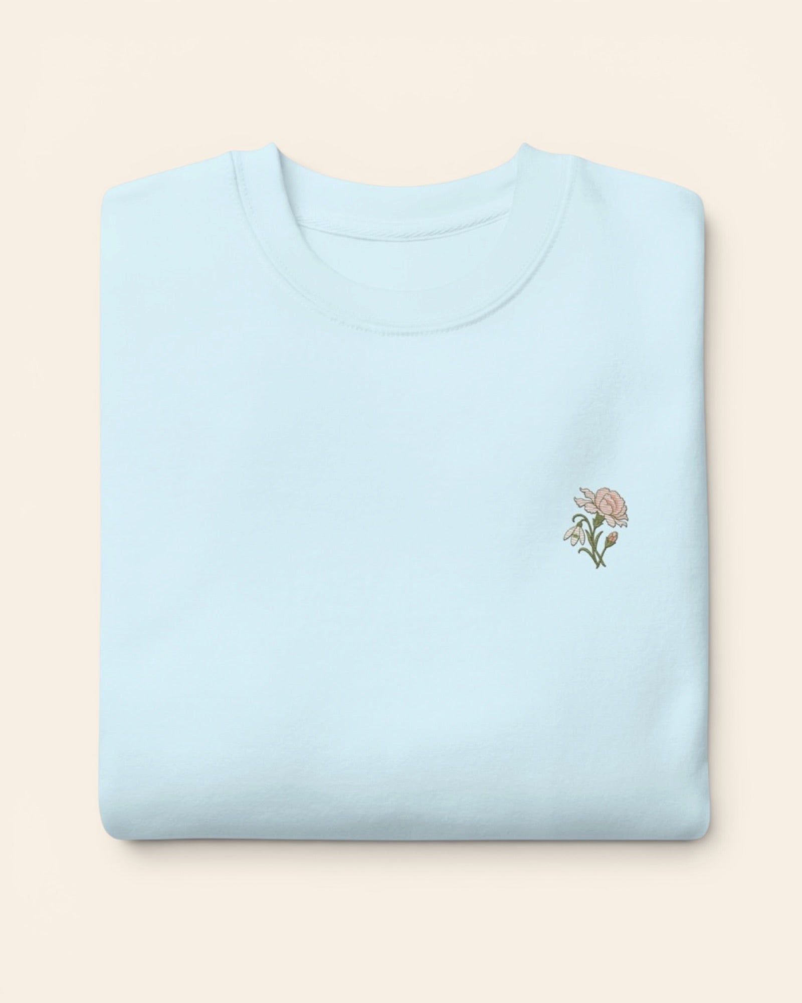 January birth flower crewneck sweatshirt with embroidered carnation and snowdrop, in Sky Blue