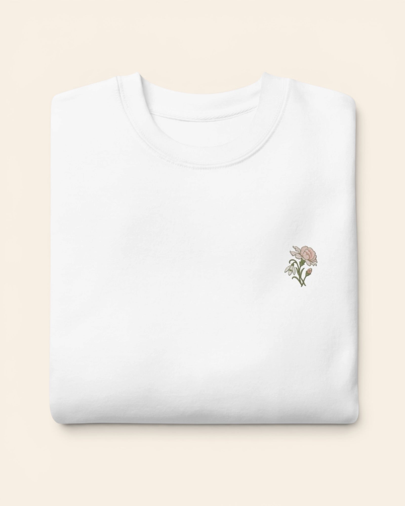 January birth flower crewneck sweatshirt with embroidered carnation and snowdrop, in White