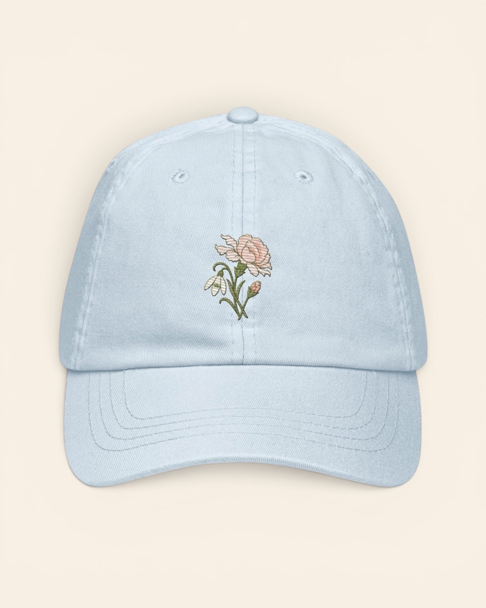 January birth flower hat with embroidered carnation and snowdrop, in Pastel Blue