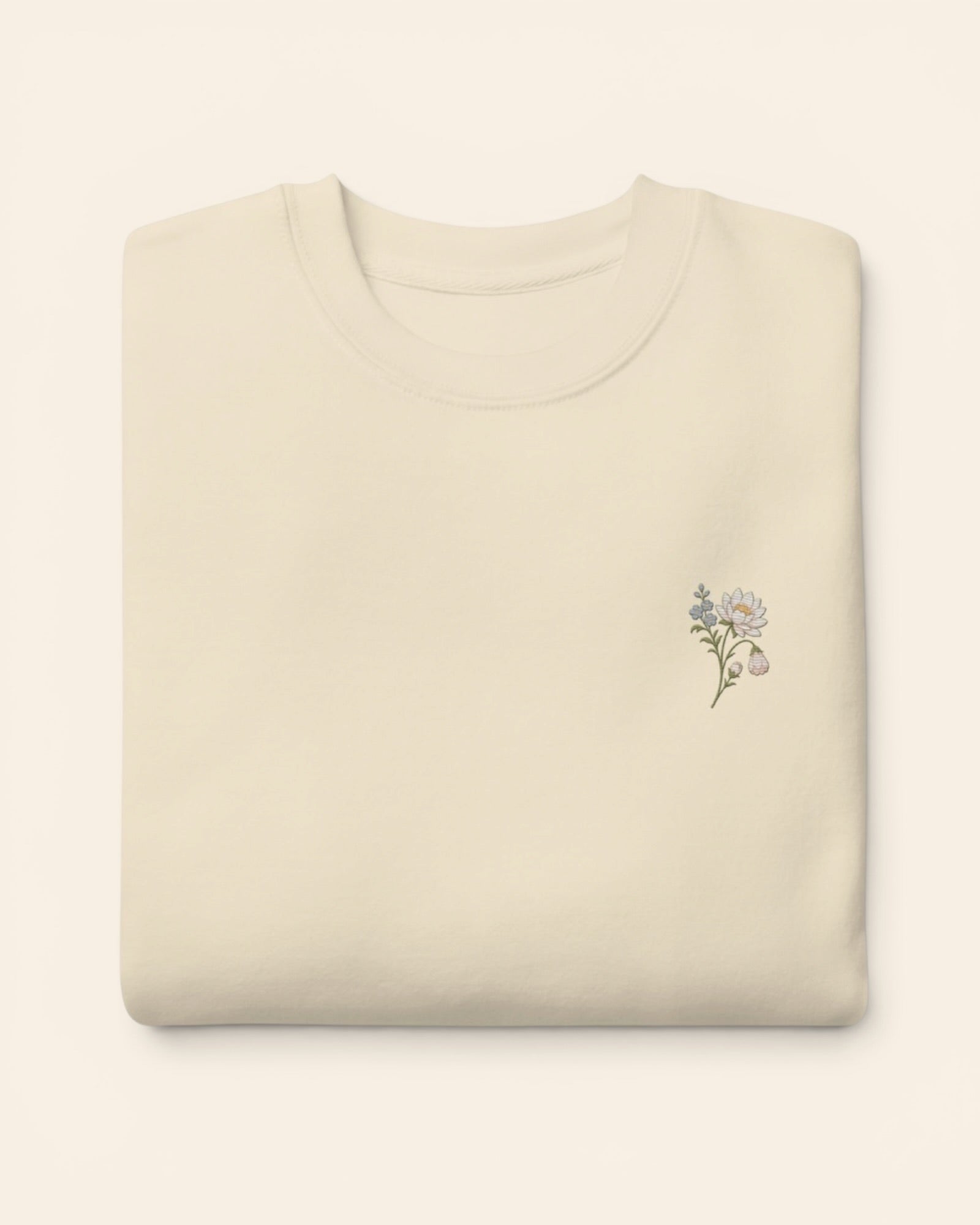 July birth flower crewneck sweatshirt with embroidered water lily and larkspur, in Bone