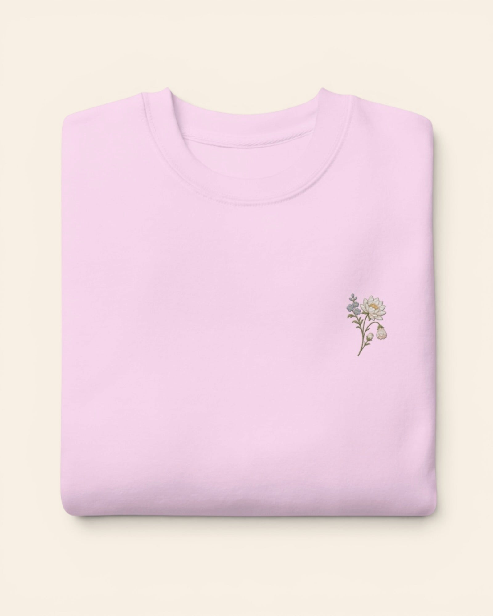 July birth flower crewneck sweatshirt with embroidered water lily and larkspur, in Lavender