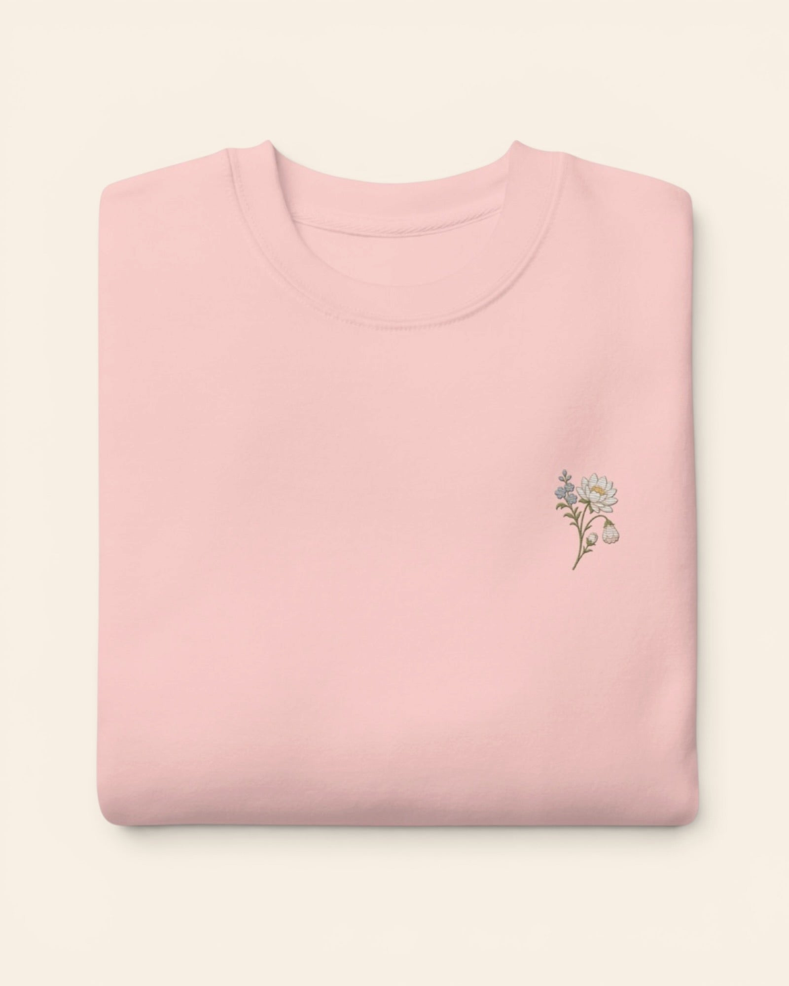 July birth flower crewneck sweatshirt with embroidered water lily and larkspur, in Light Pink