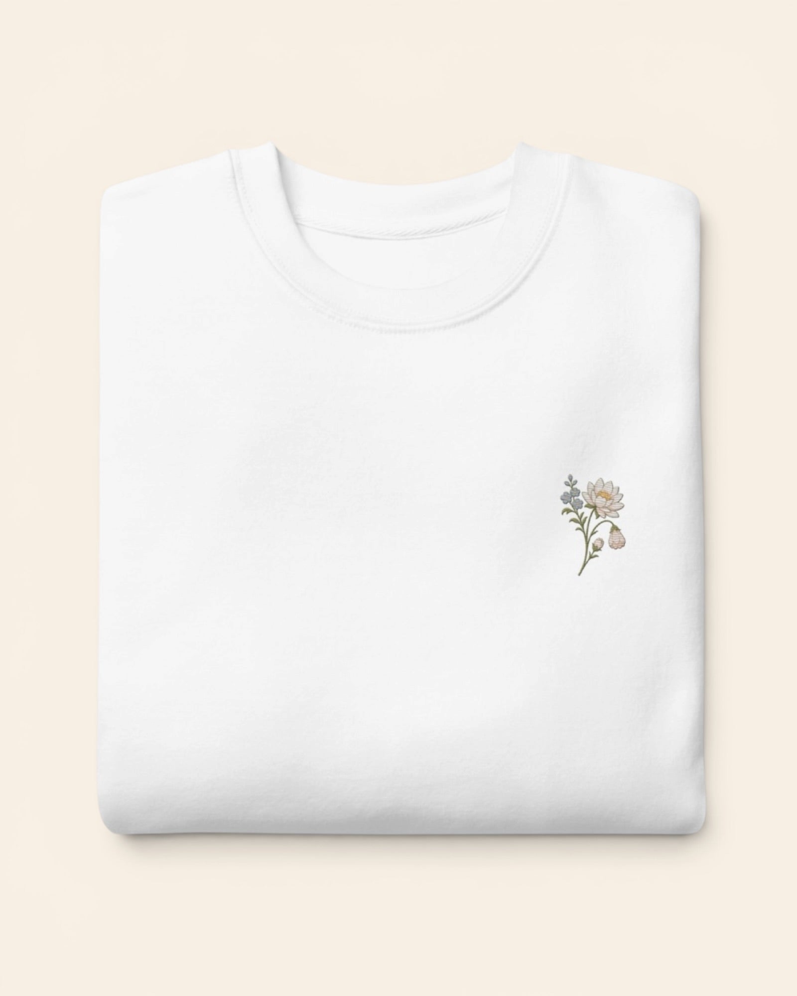 July birth flower crewneck sweatshirt with embroidered water lily and larkspur, in White