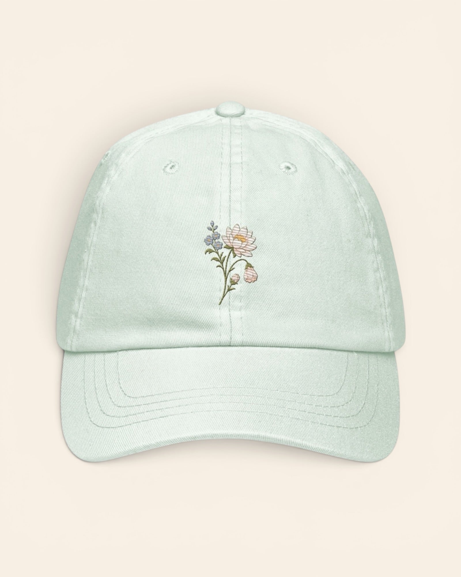 July birth flower hat with embroidered water lily and larkspur, in Pastel Mint