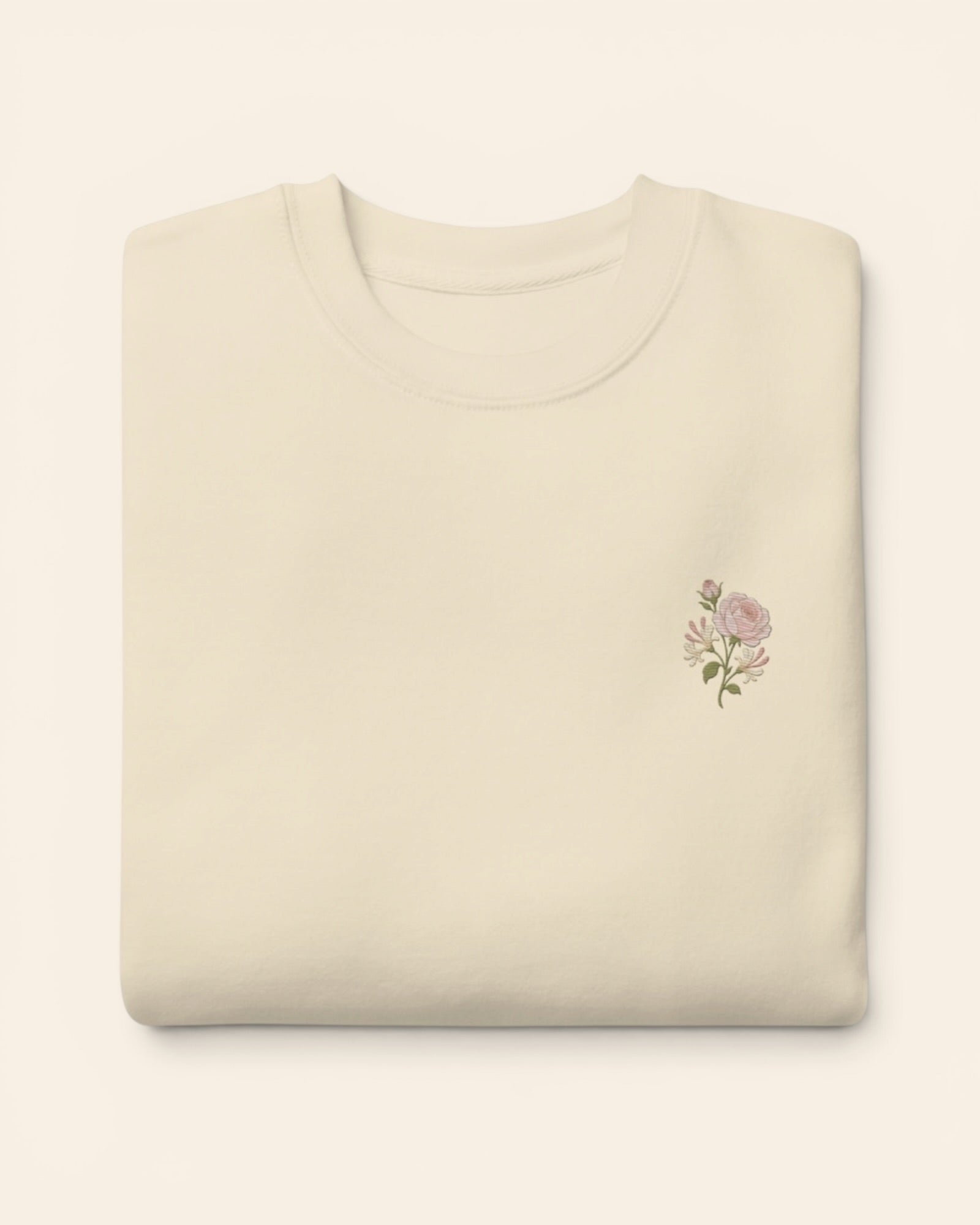 June birth flower crewneck sweatshirt with embroidered rose and honeysuckle, in Bone