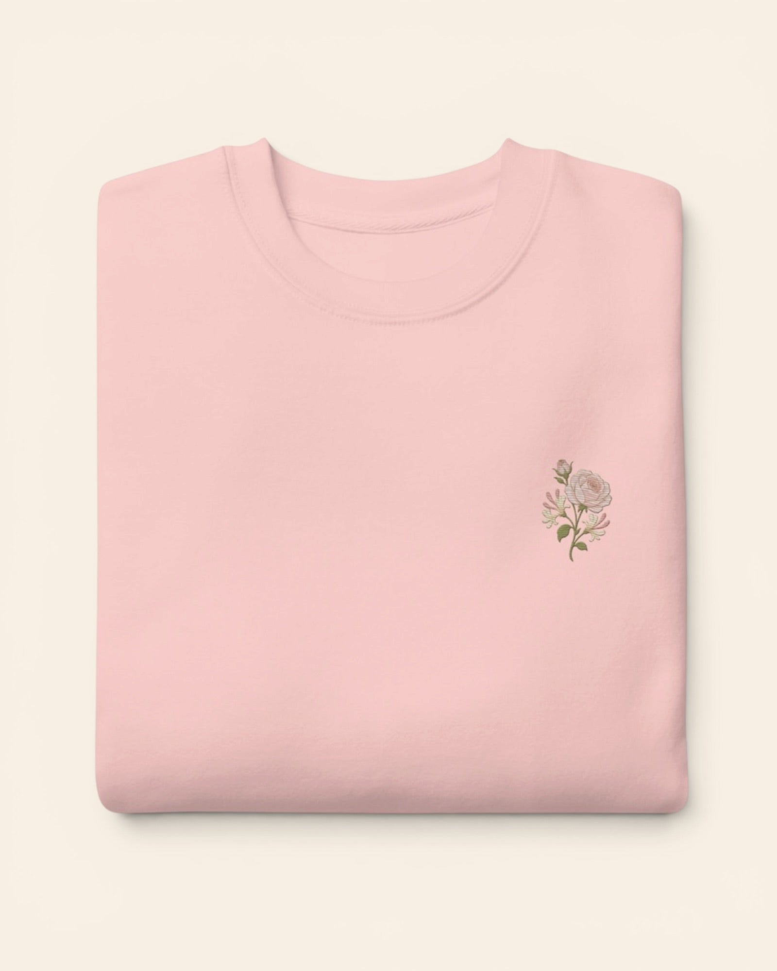 June birth flower crewneck sweatshirt with embroidered rose and honeysuckle, in Light Pink
