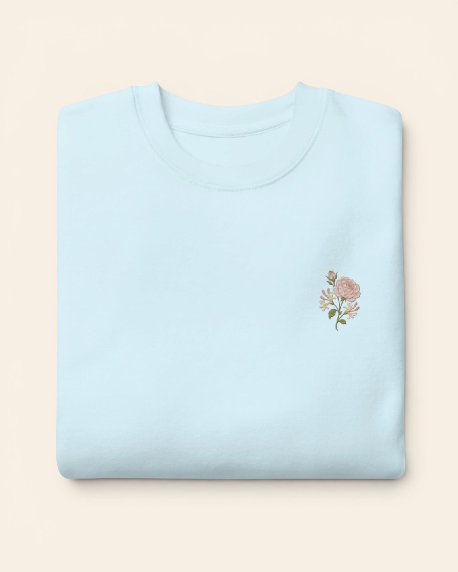 June birth flower crewneck sweatshirt with embroidered rose and honeysuckle, in Sky Blue