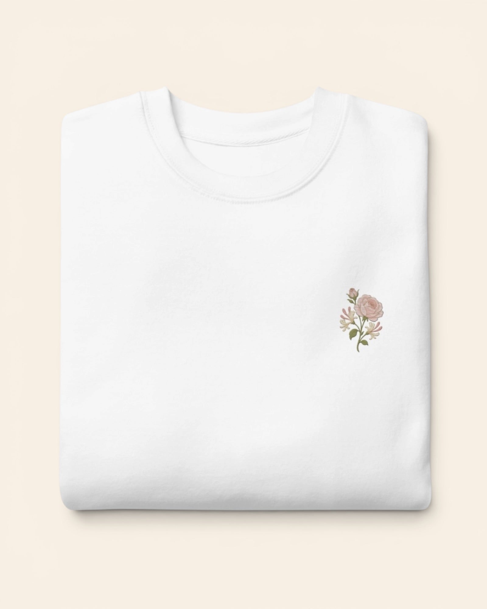 June birth flower crewneck sweatshirt with embroidered rose and honeysuckle, in White