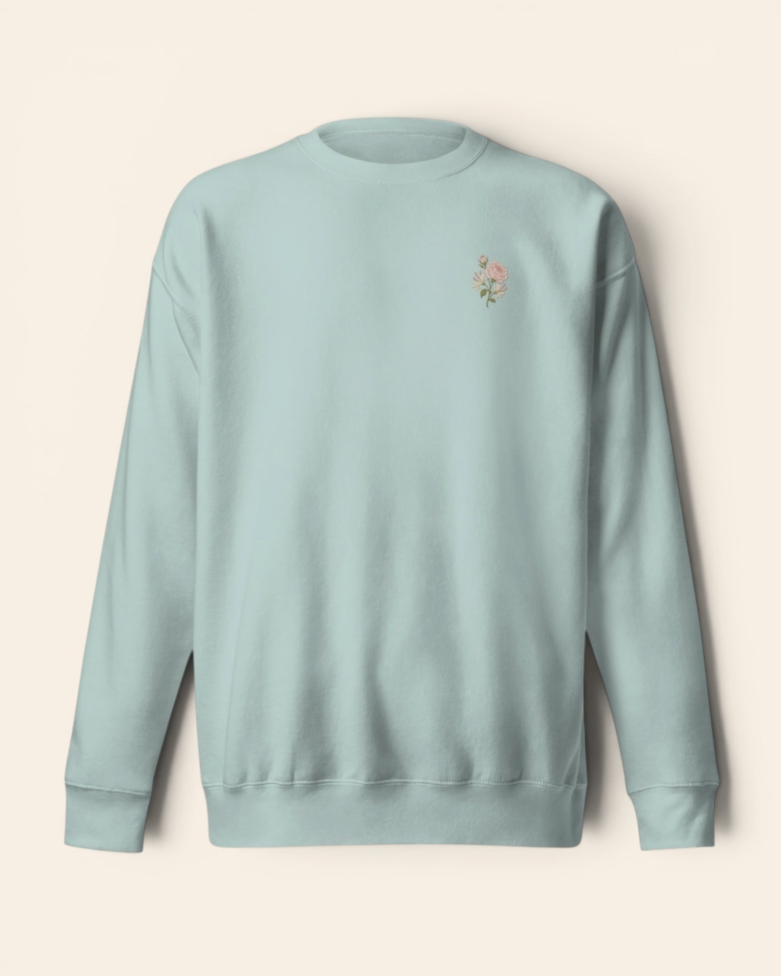 June birth flower crewneck sweatshirt with embroidered rose and honeysuckle, in Agave