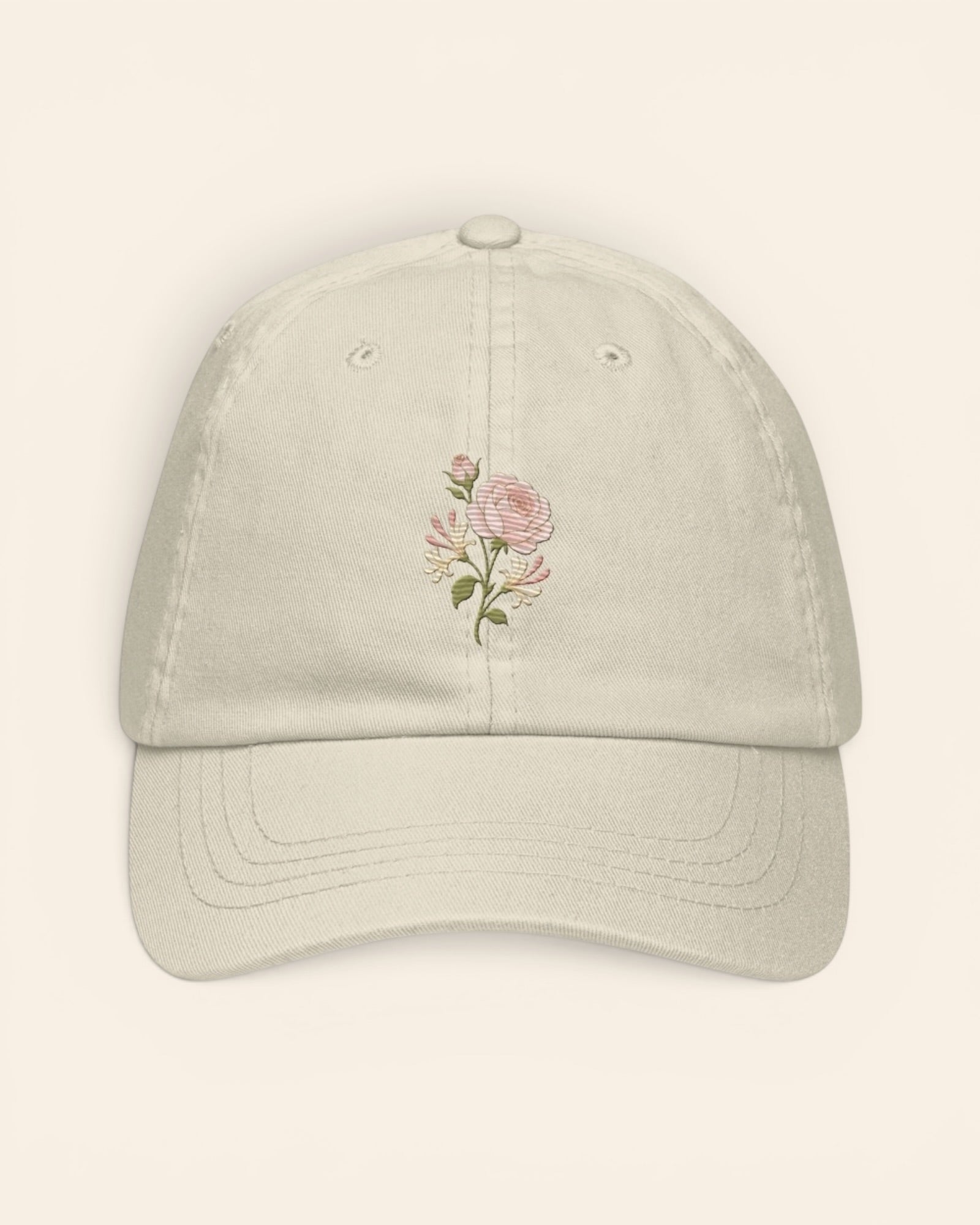 June birth flower hat with embroidered rose and honeysuckle, in Beige