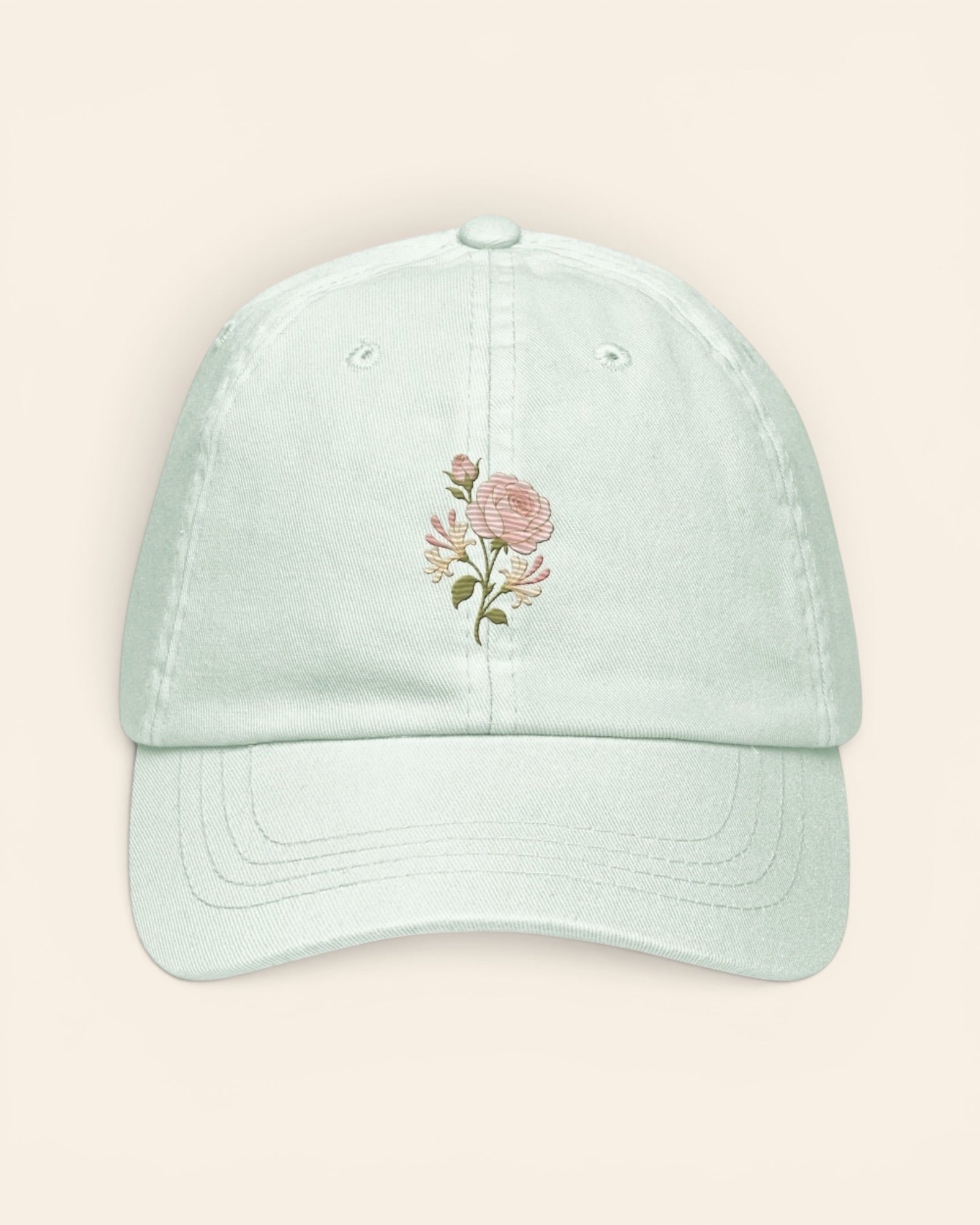 June birth flower hat with embroidered rose and honeysuckle, in Pastel Mint