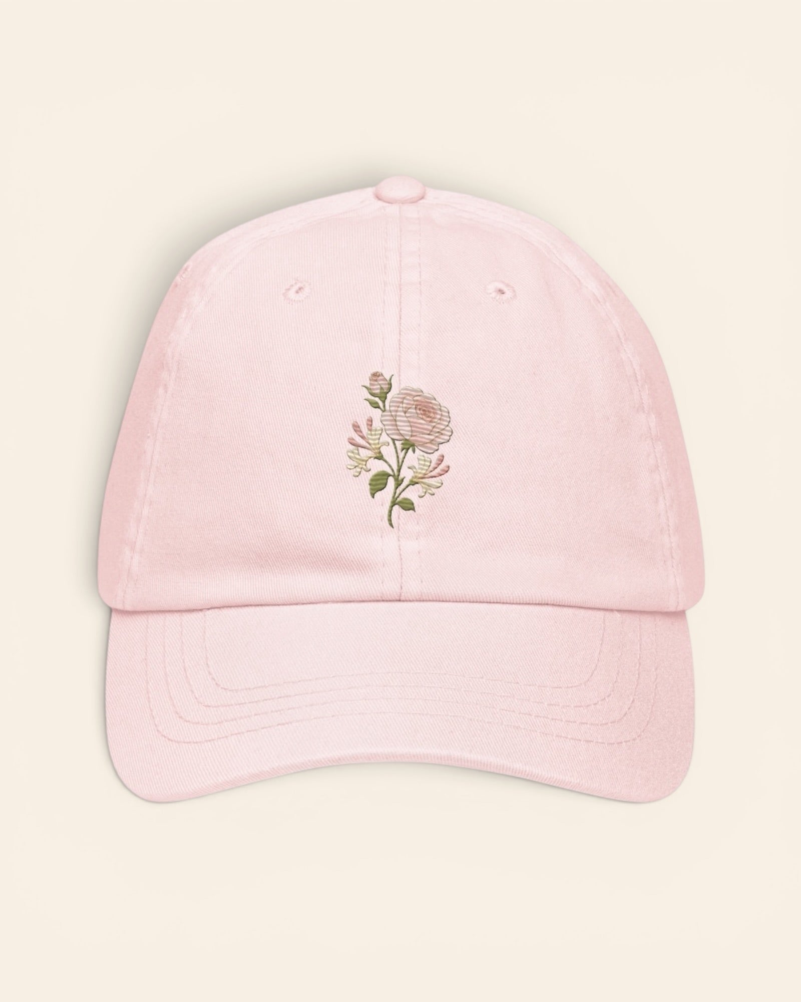 June birth flower hat with embroidered rose and honeysuckle, in Pastel Pink