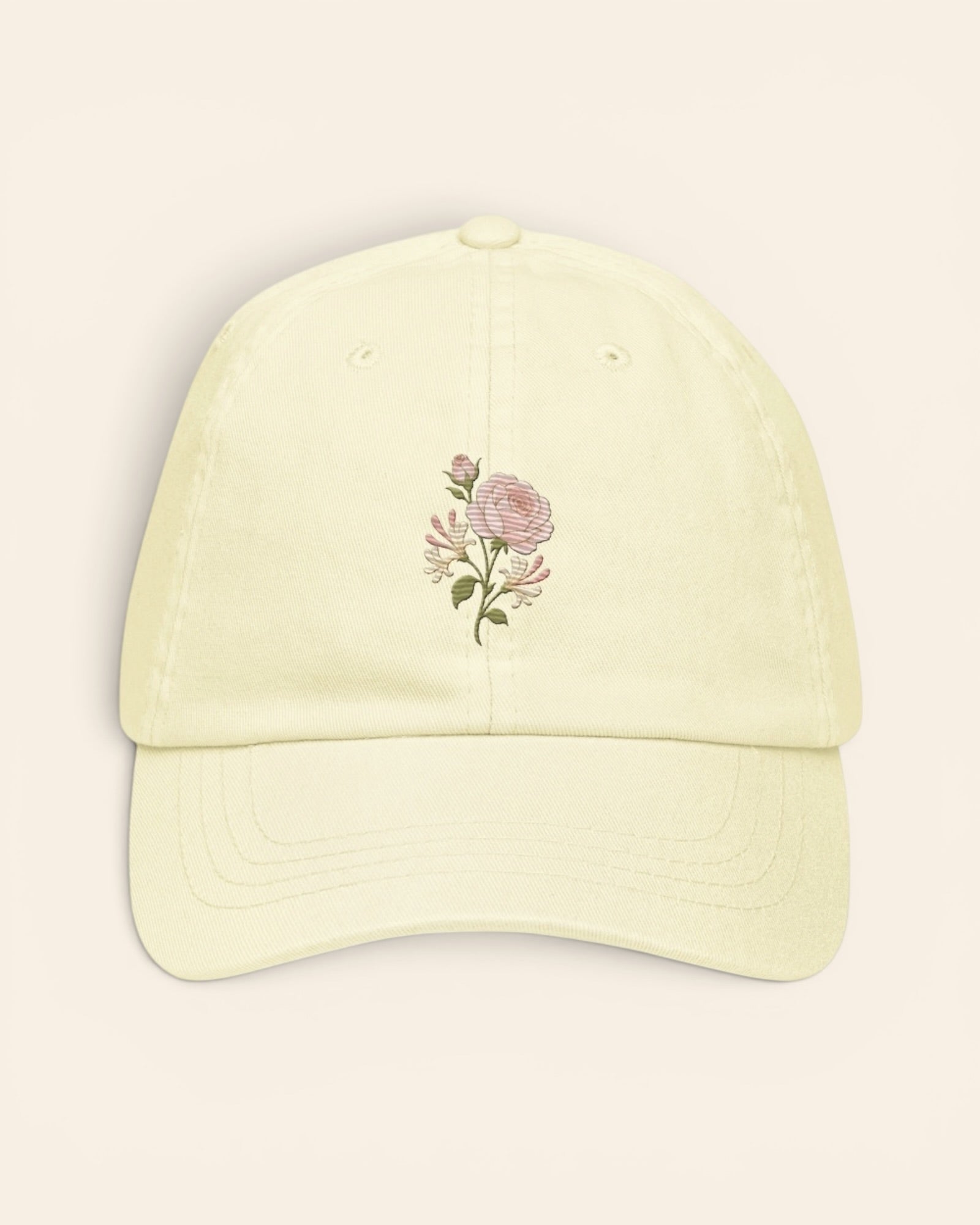 June birth flower hat with embroidered rose and honeysuckle, in Pastel Lemon