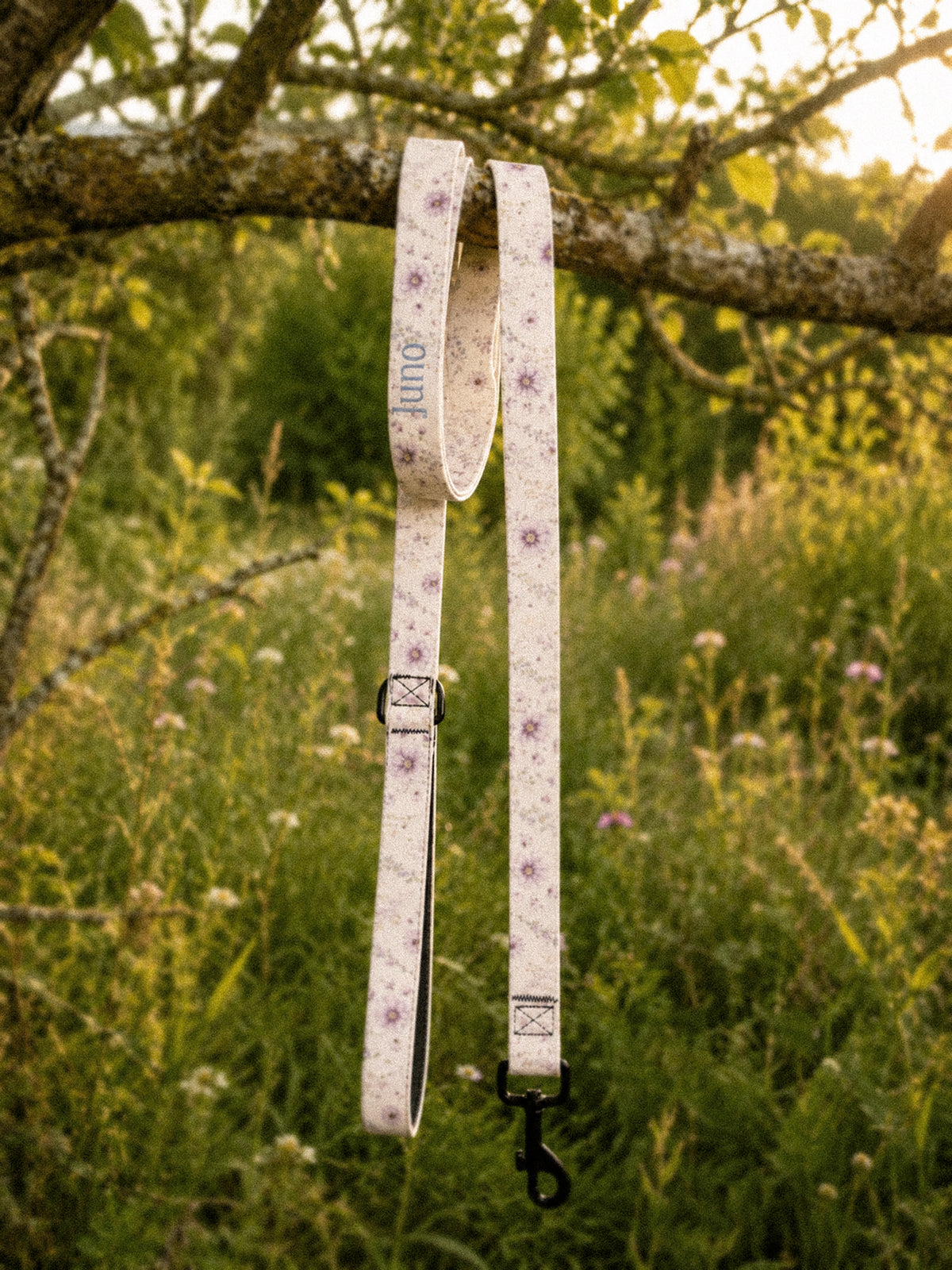 The full length of the leash hangs from a tree branch outdoors, the padded handle loop at the top and the black swivel clasp at the bottom, conifers and a mountain slope beyond in golden light. The webbing is white, printed with lavender and mauve blooms on slender stems, and the sample name Juno reads down the handle.
