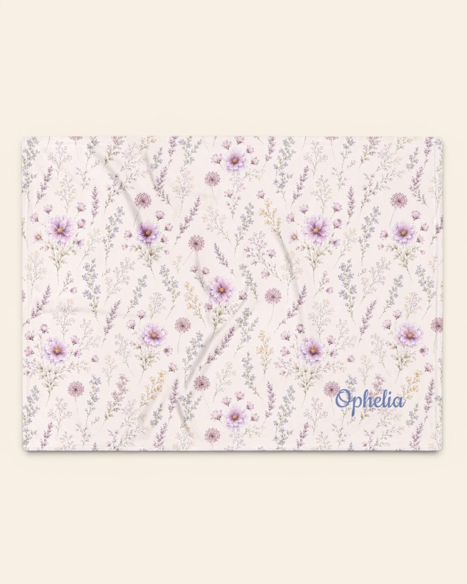 La Vie Fleurie Throw Blanket, with lavender sprigs, purple cosmos, baby's breath, and larkspur print