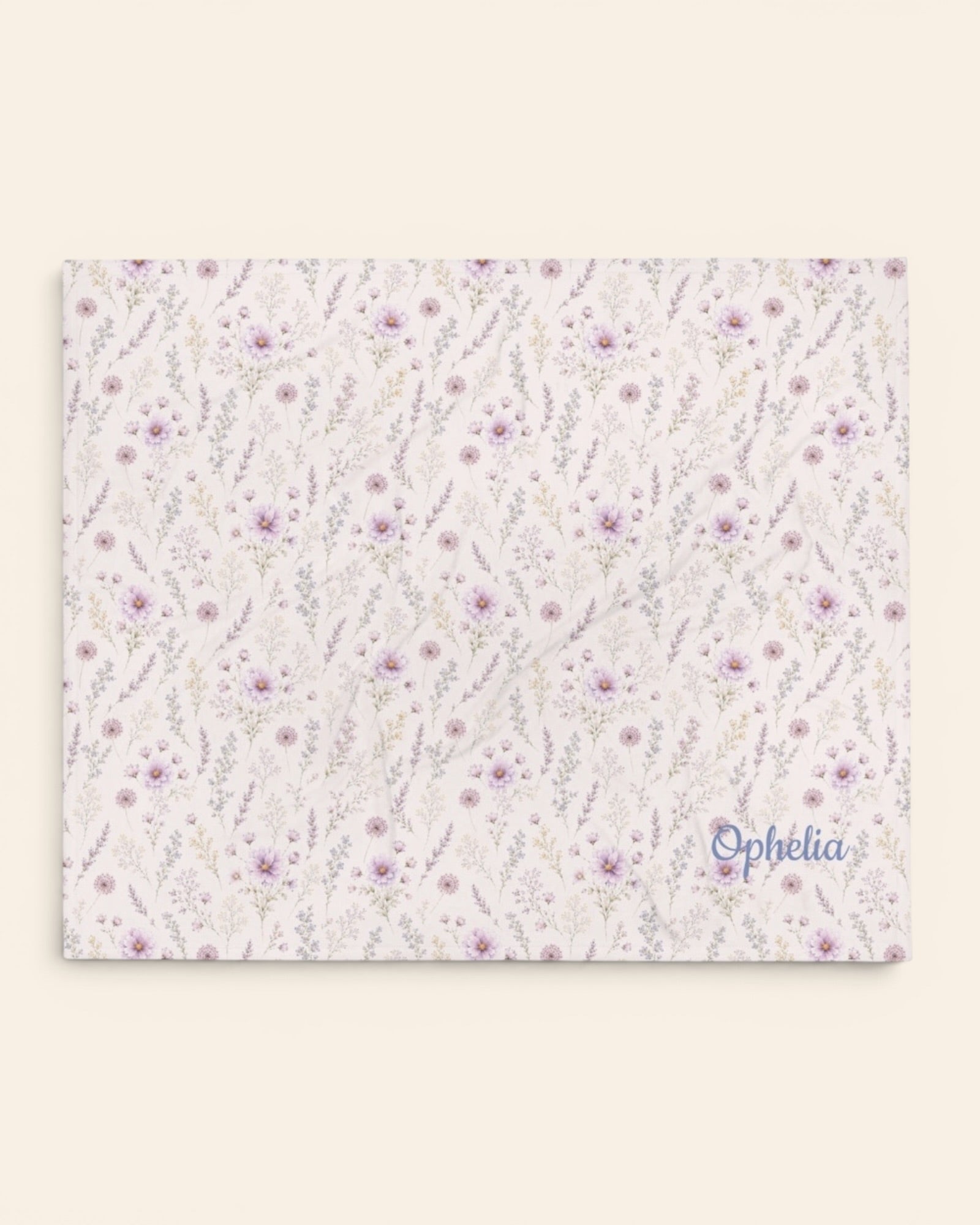 La Vie Fleurie Throw Blanket, with lavender sprigs, purple cosmos, baby's breath, and larkspur print