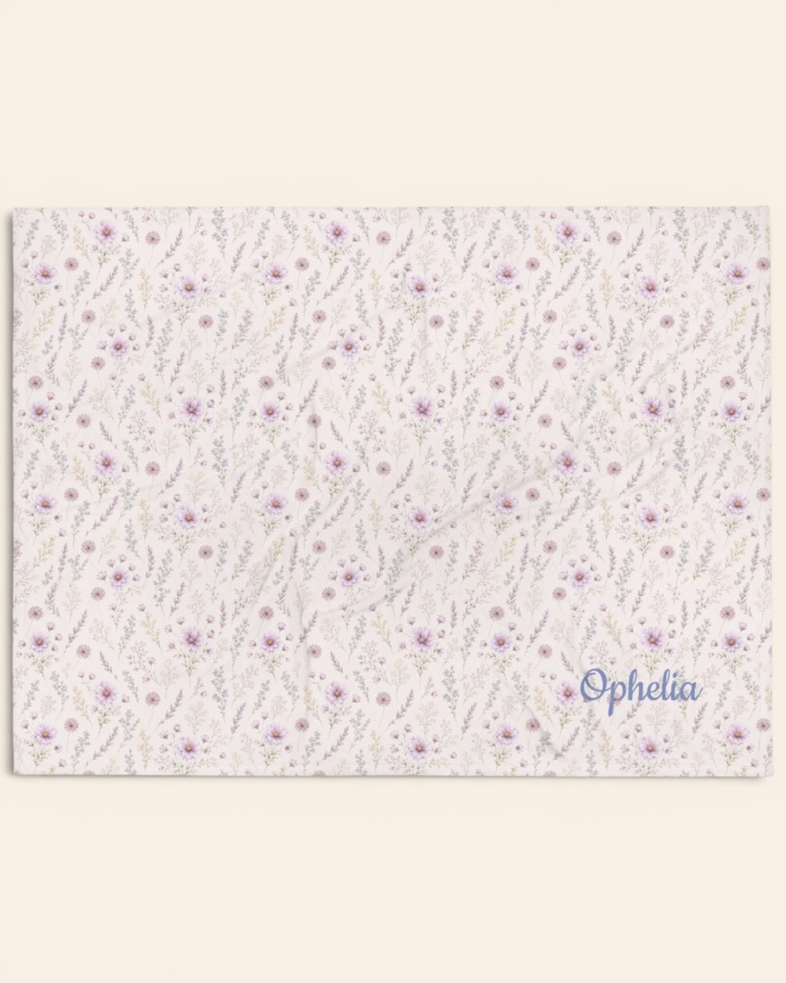 La Vie Fleurie Throw Blanket, with lavender sprigs, purple cosmos, baby's breath, and larkspur print
