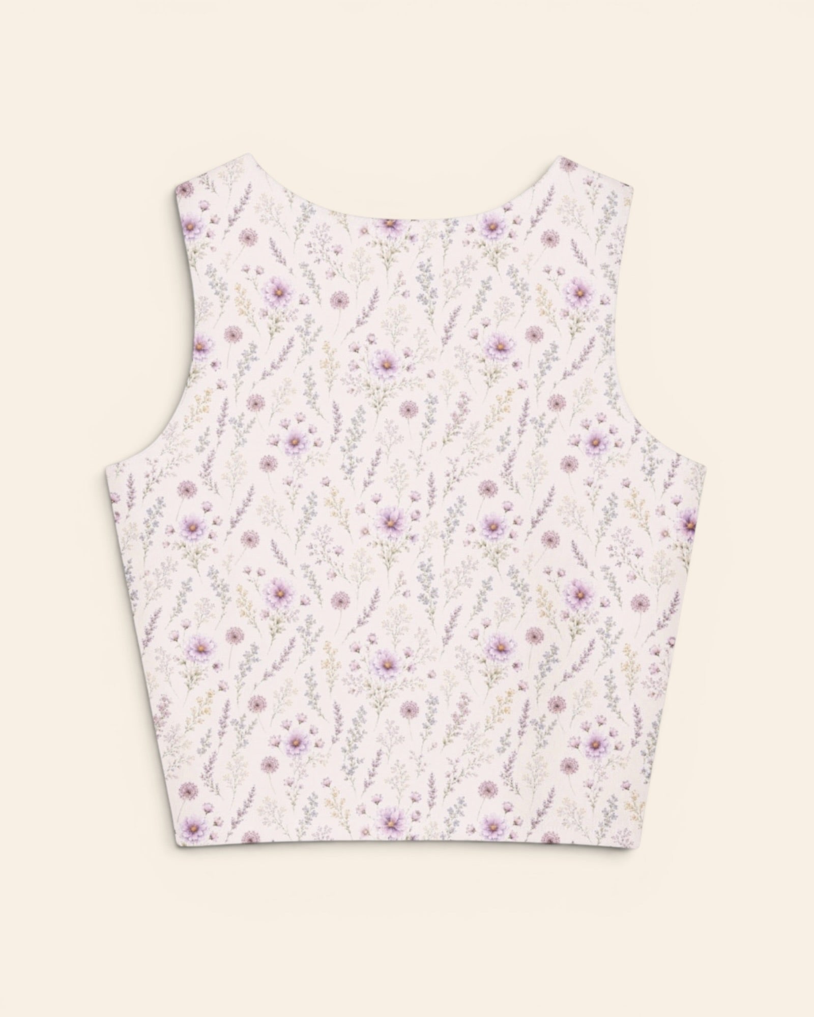 La Vie Fleurie Crop Top, with lavender sprigs, purple cosmos, baby's breath, and larkspur print