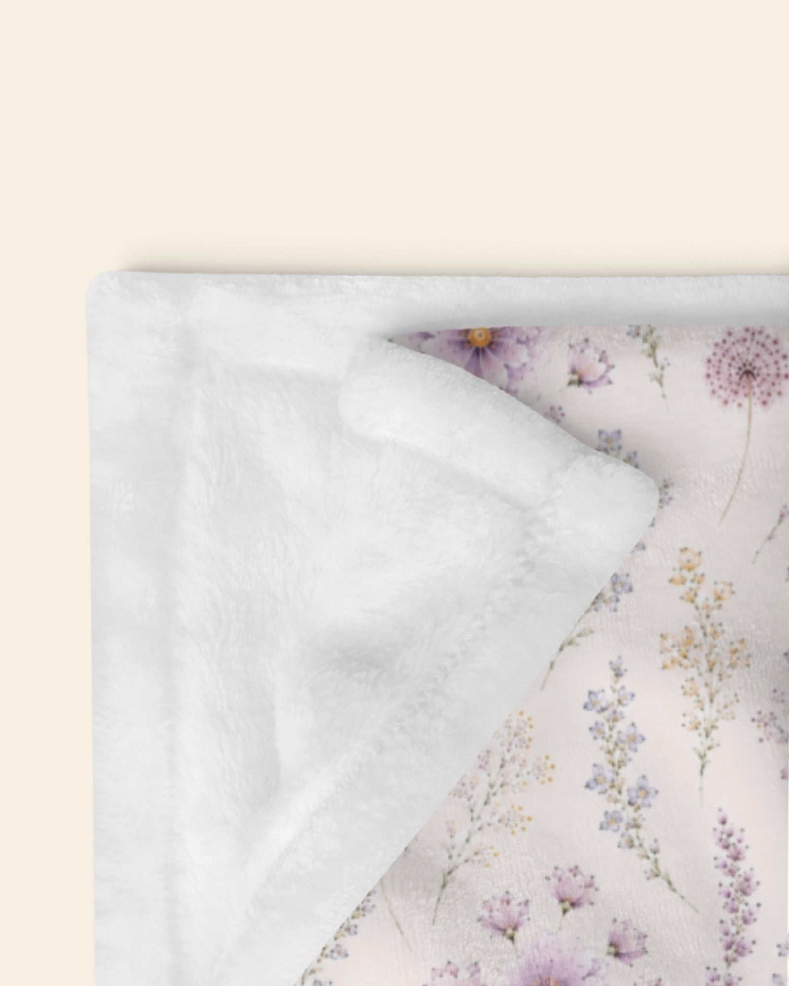 La Vie Fleurie Throw Blanket, with lavender sprigs, purple cosmos, baby's breath, and larkspur print