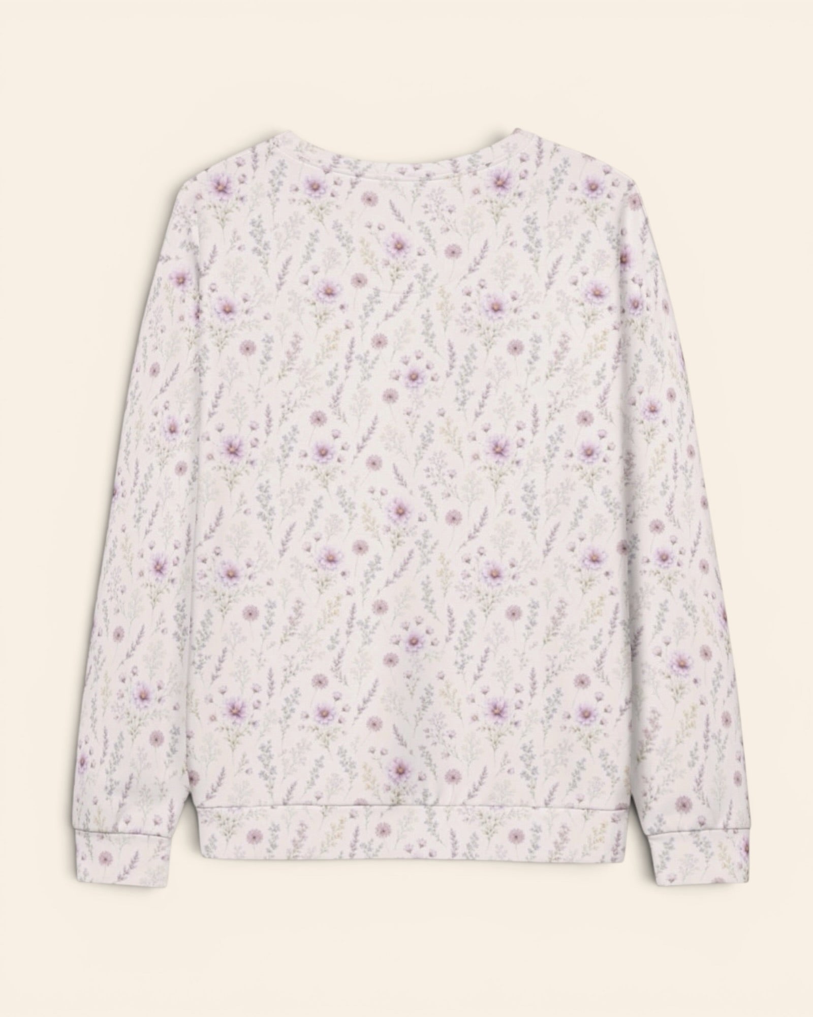 La Vie Fleurie Crewneck Sweatshirt, with lavender sprigs, purple cosmos, baby's breath, and larkspur print