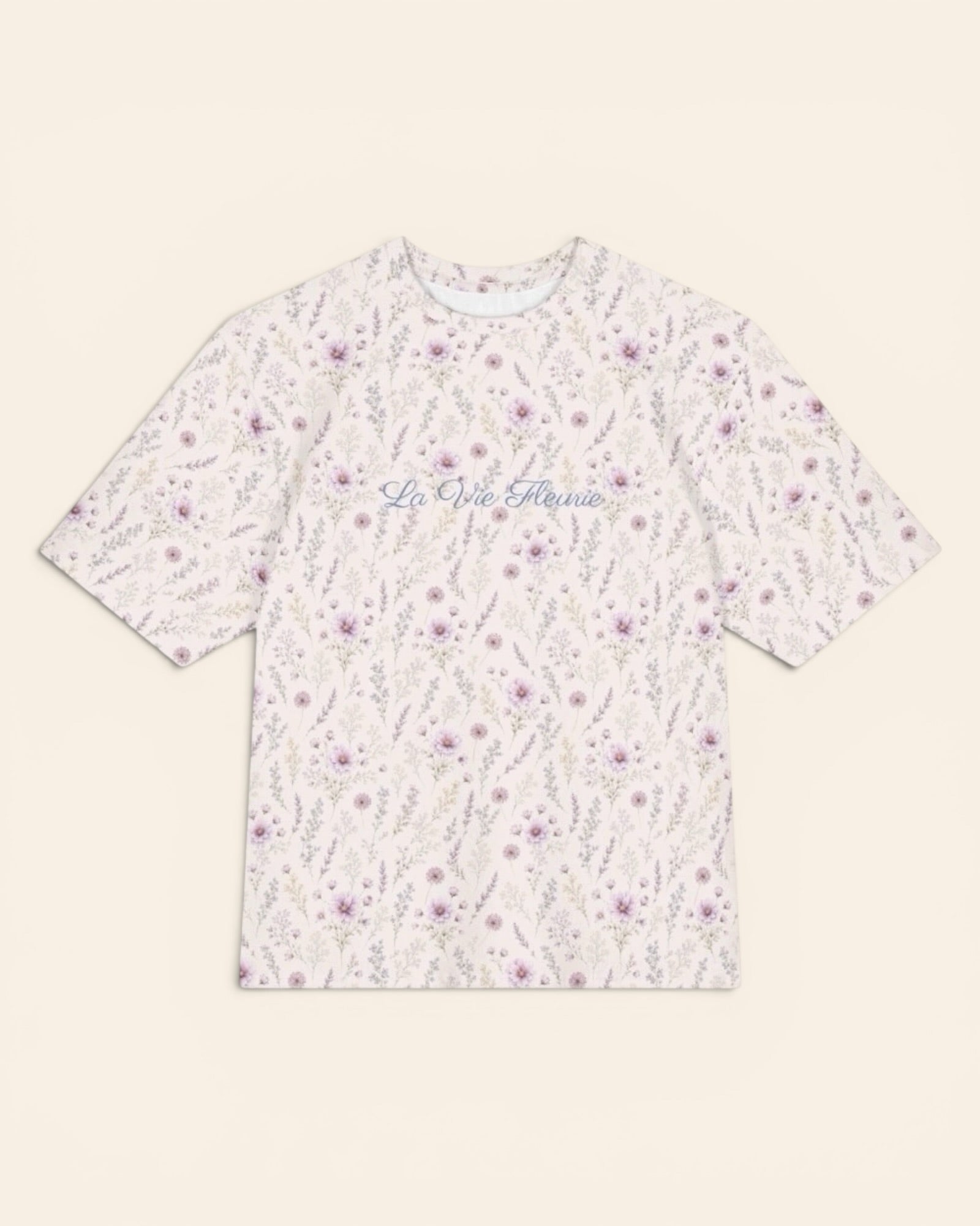 La Vie Fleurie Oversized Tee, with lavender sprigs, purple cosmos, baby's breath, and larkspur print