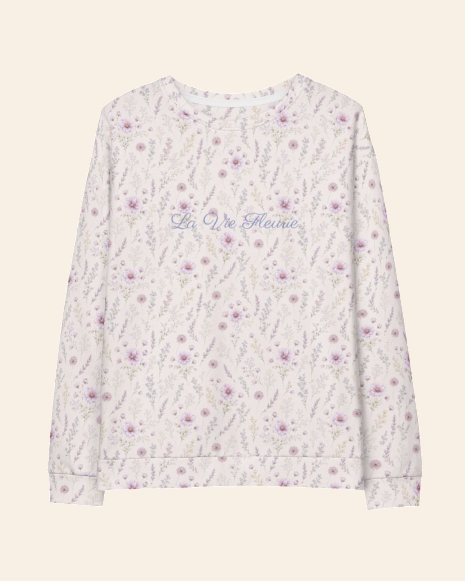 La Vie Fleurie Crewneck Sweatshirt, with lavender sprigs, purple cosmos, baby's breath, and larkspur print