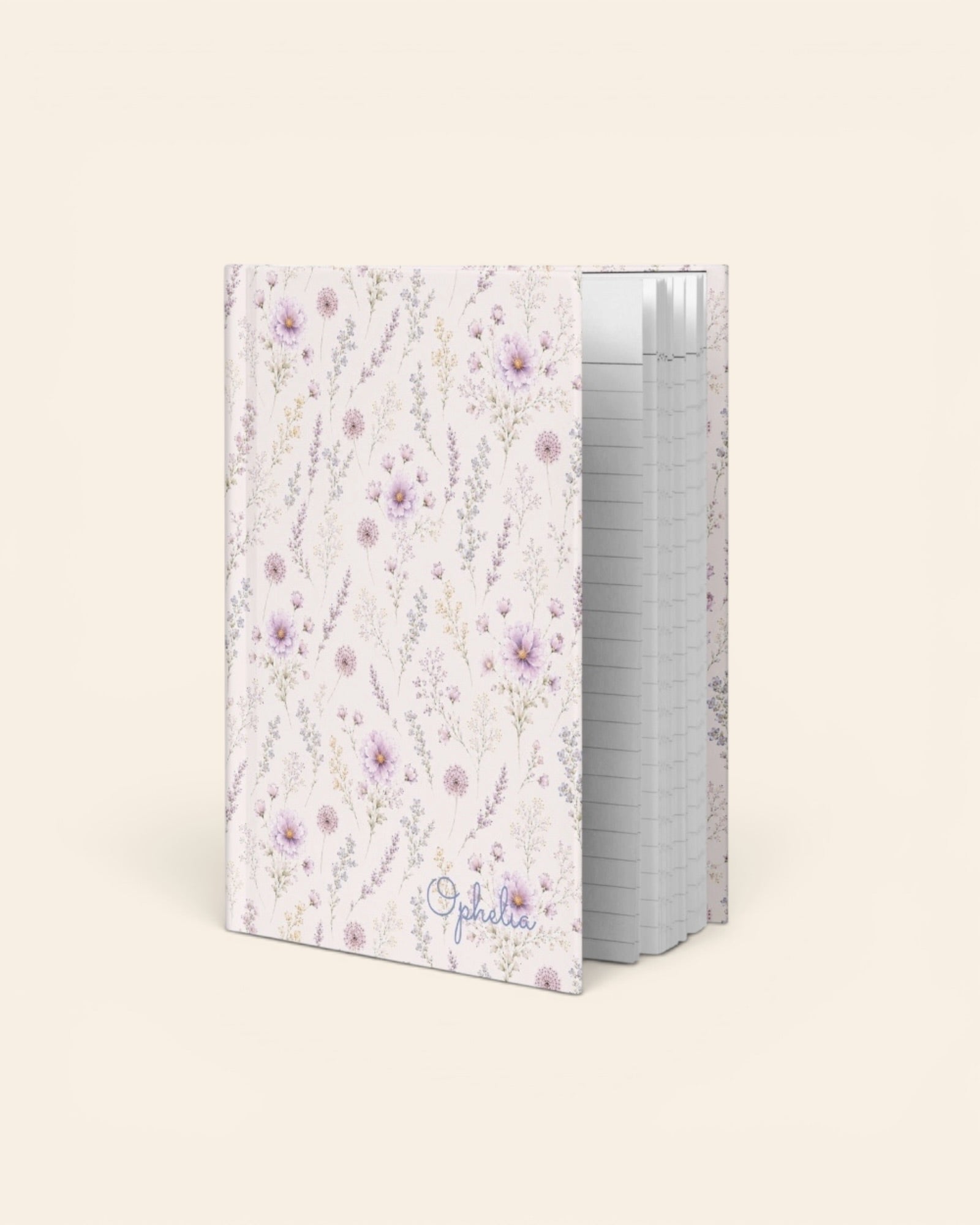 La Vie Fleurie Journal, with lavender sprigs, purple cosmos, baby's breath, and larkspur print