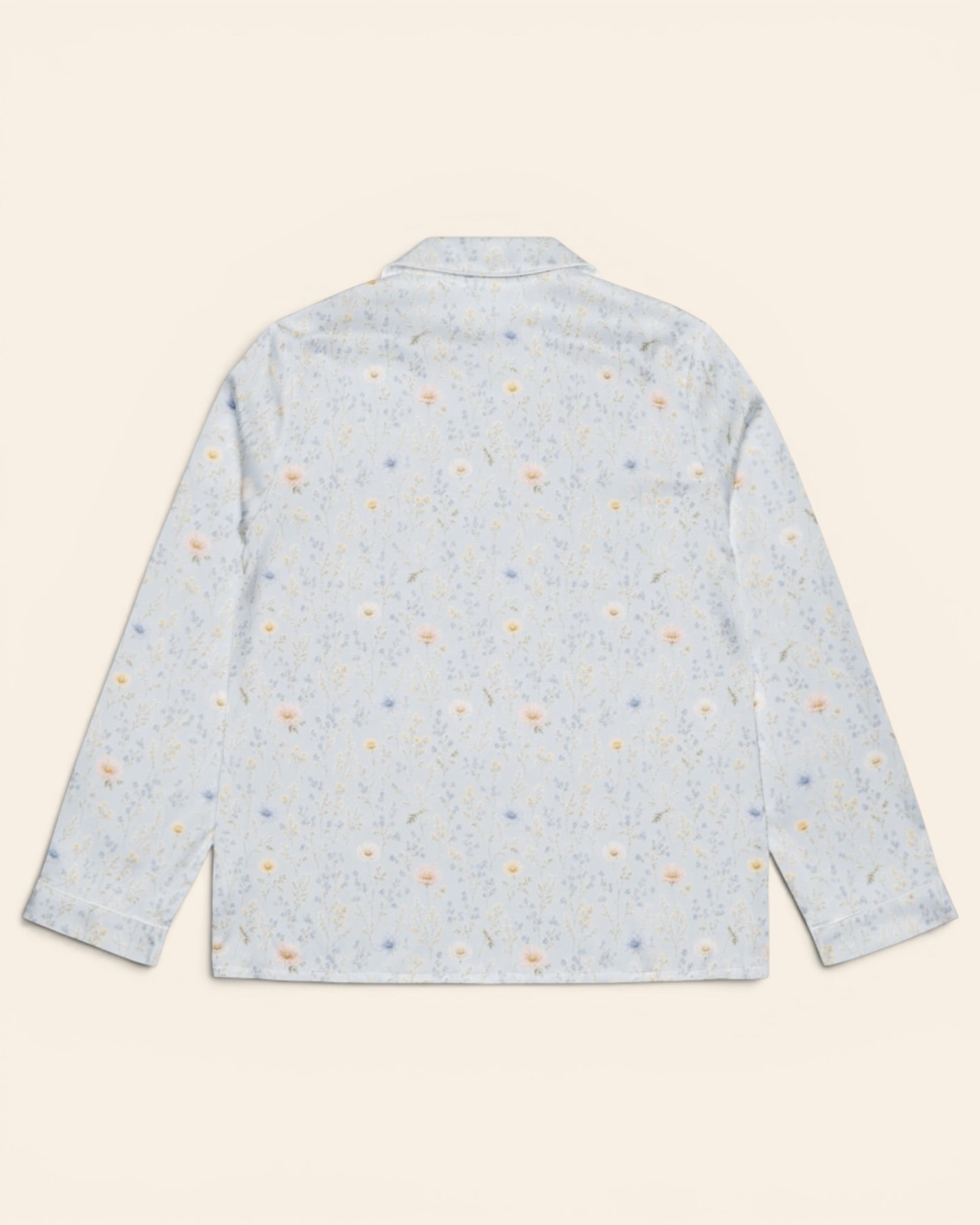 Blue Morning Blooms Long Sleeve Pajamas, with blue forget-me-nots, powder-blue cosmos, and white daisies print