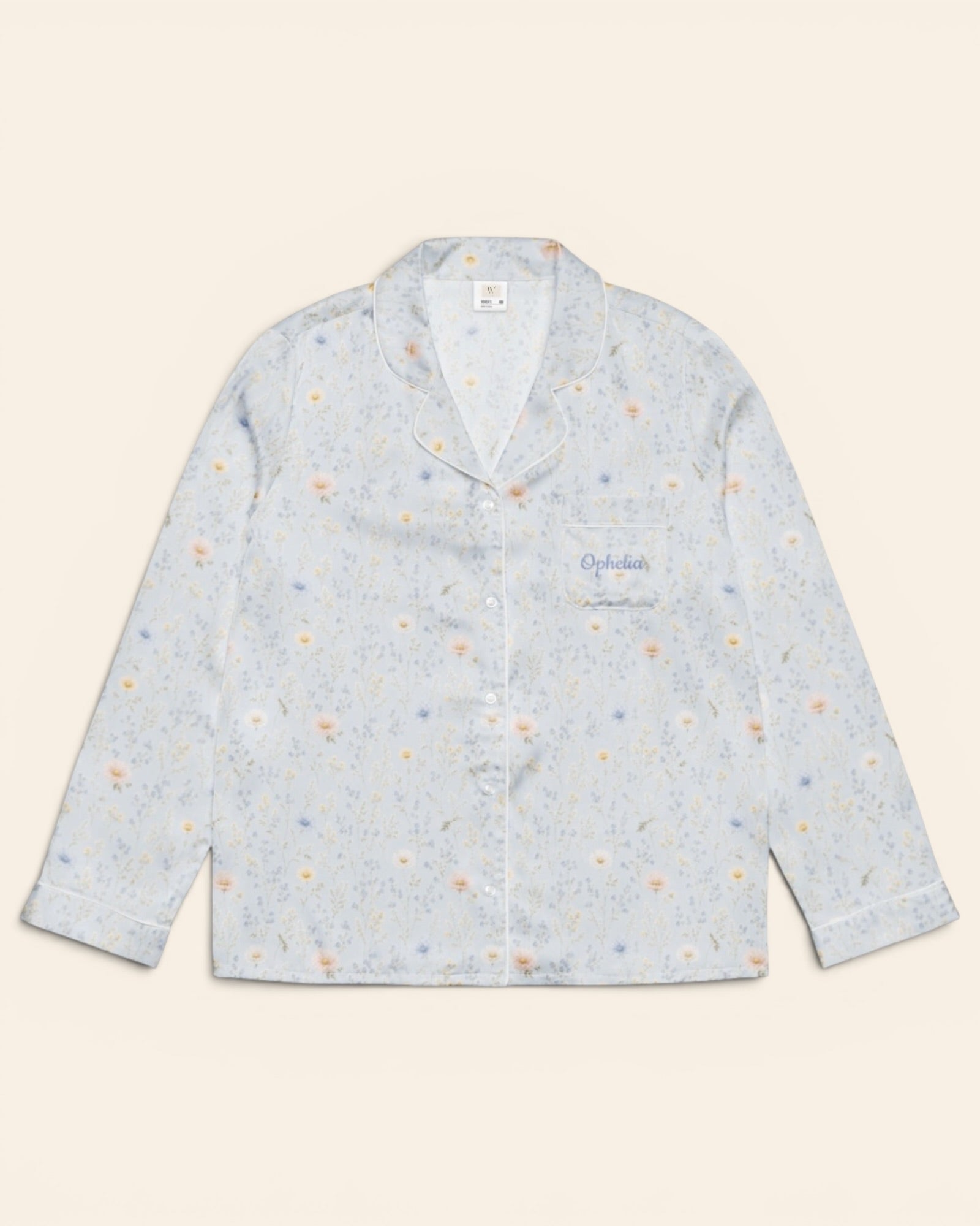Blue Morning Blooms Long Sleeve Pajamas, with blue forget-me-nots, powder-blue cosmos, and white daisies print