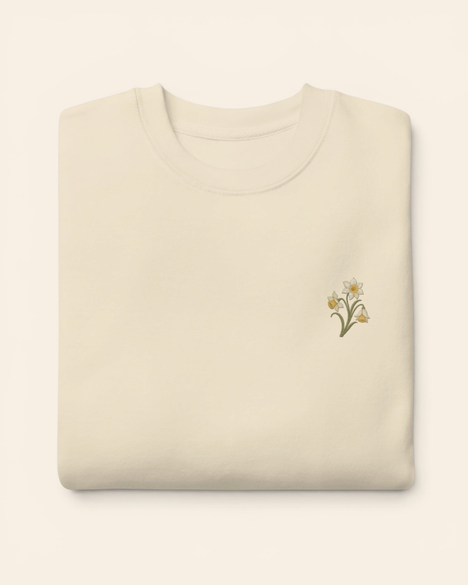 March birth flower crewneck sweatshirt with embroidered daffodil and jonquil, in Bone