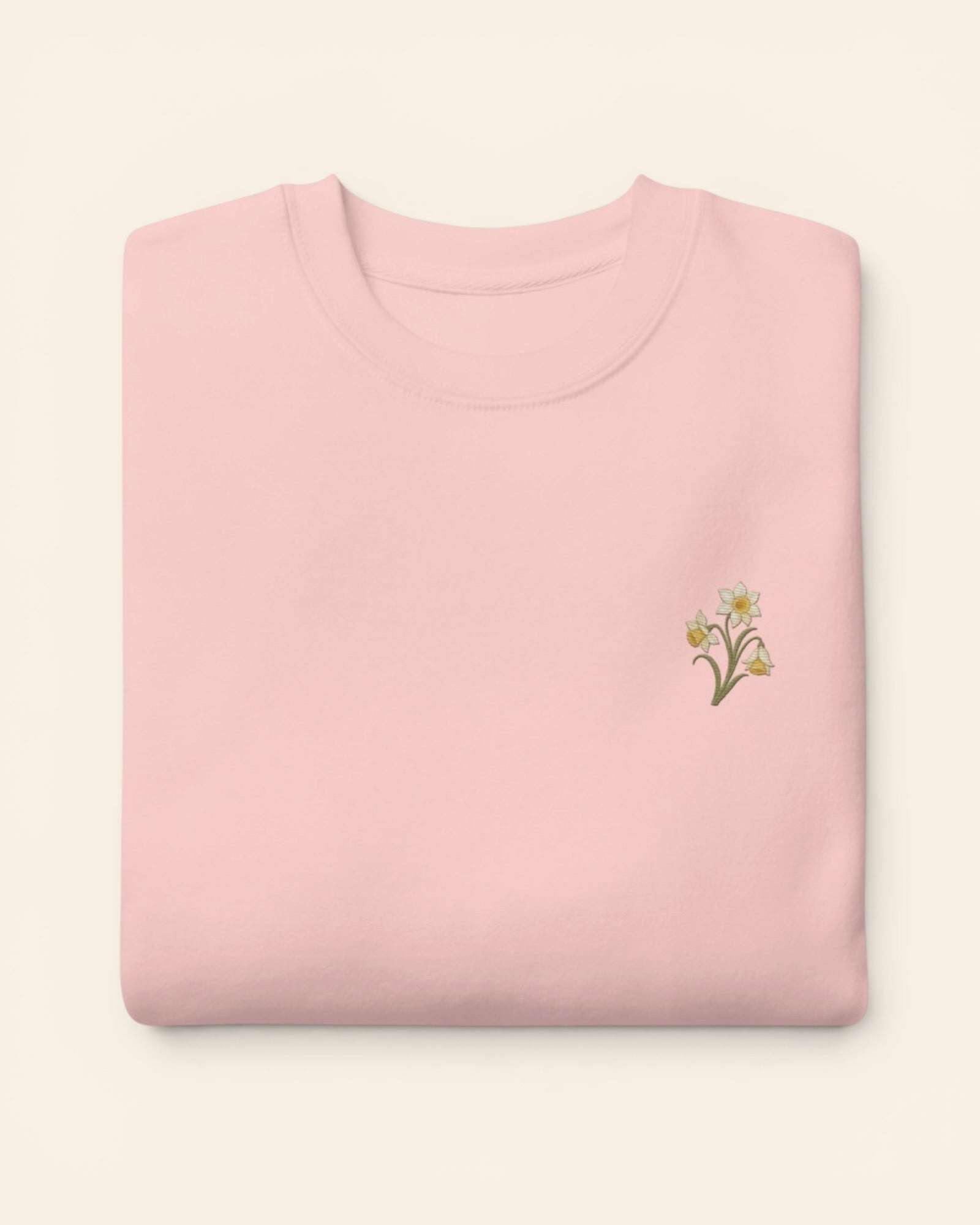 March birth flower crewneck sweatshirt with embroidered daffodil and jonquil, in Light Pink