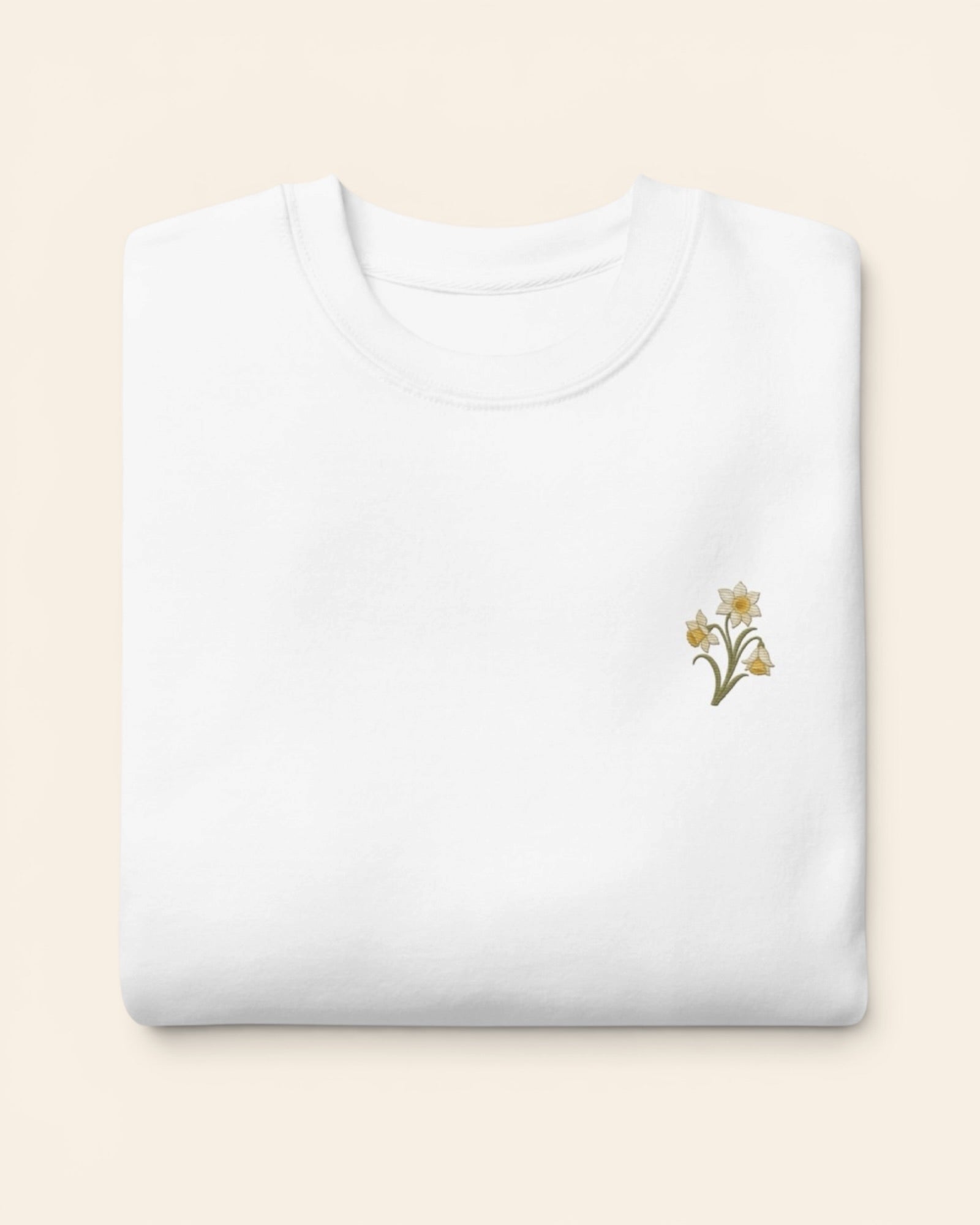 March birth flower crewneck sweatshirt with embroidered daffodil and jonquil, in White