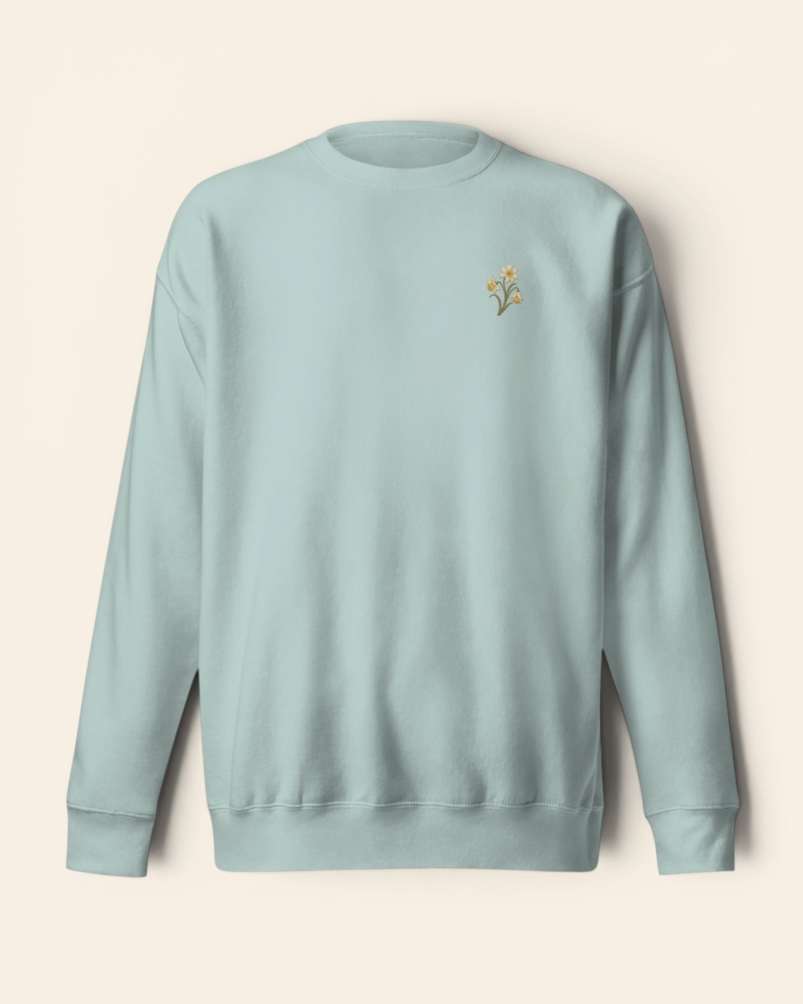 March birth flower crewneck sweatshirt with embroidered daffodil and jonquil, in Agave