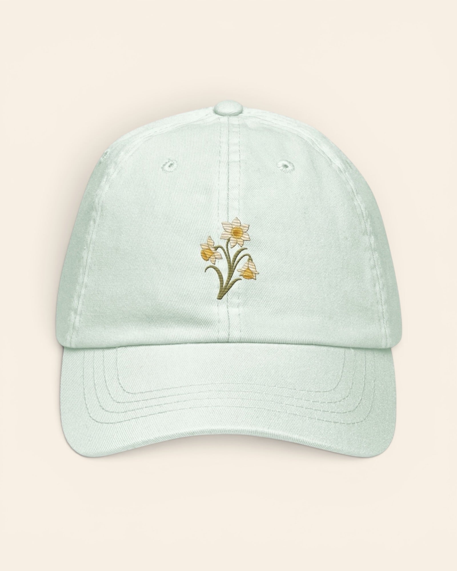 March birth flower hat with embroidered daffodil and jonquil, in Pastel Mint
