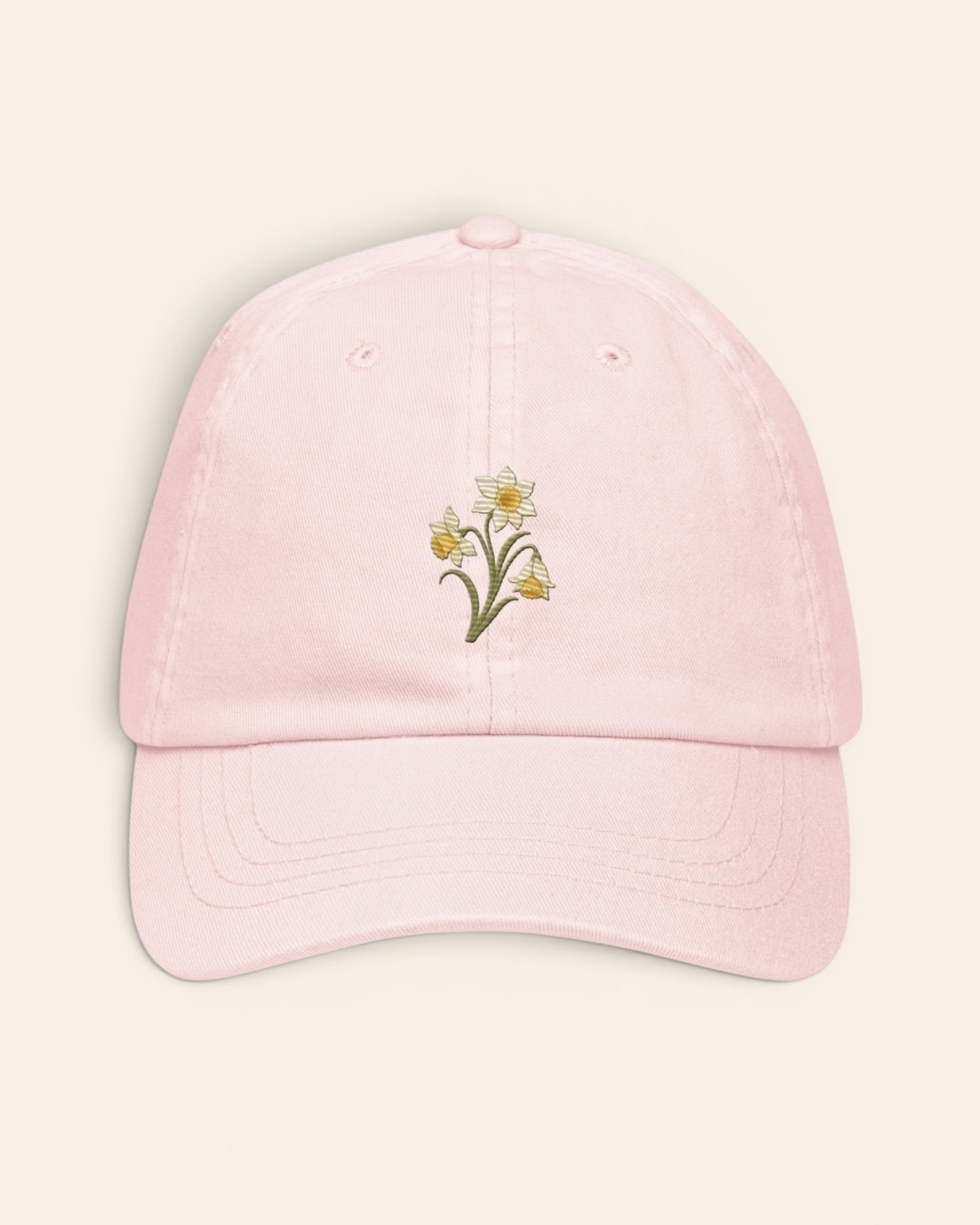 March birth flower hat with embroidered daffodil and jonquil, in Pastel Pink