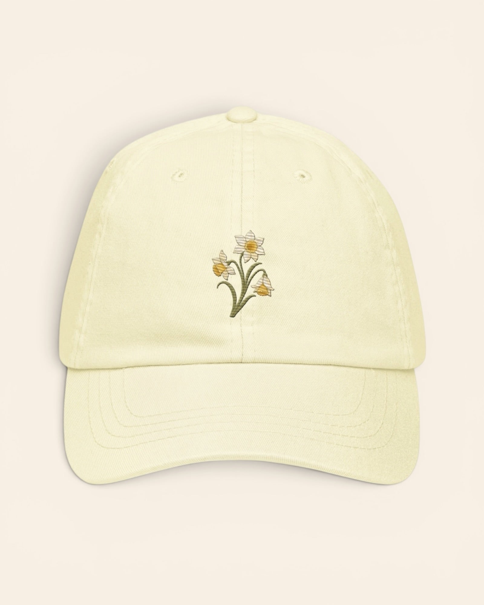 March birth flower hat with embroidered daffodil and jonquil, in Pastel Lemon