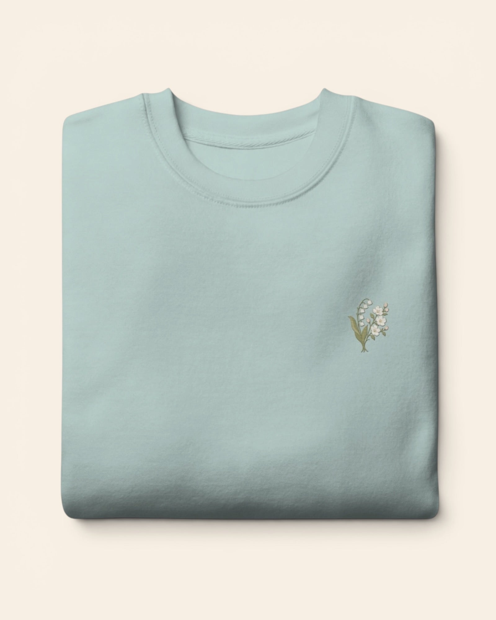 May birth flower crewneck sweatshirt with embroidered lily of the valley and hawthorn