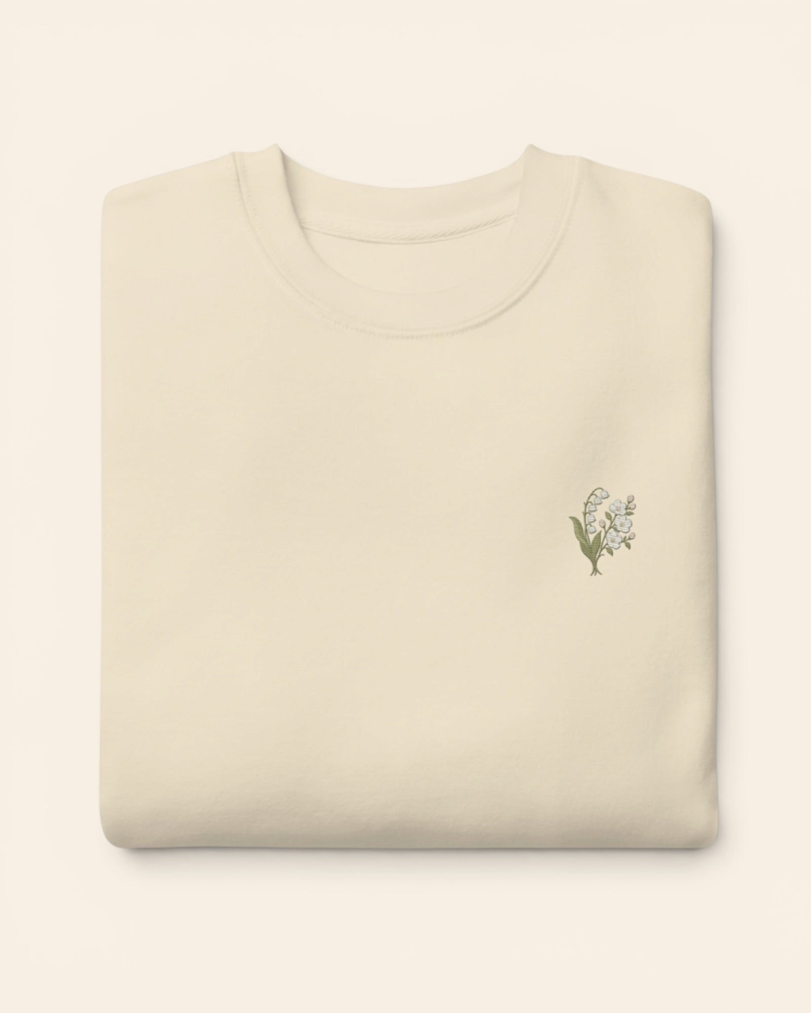 May birth flower crewneck sweatshirt with embroidered lily of the valley and hawthorn, in Bone